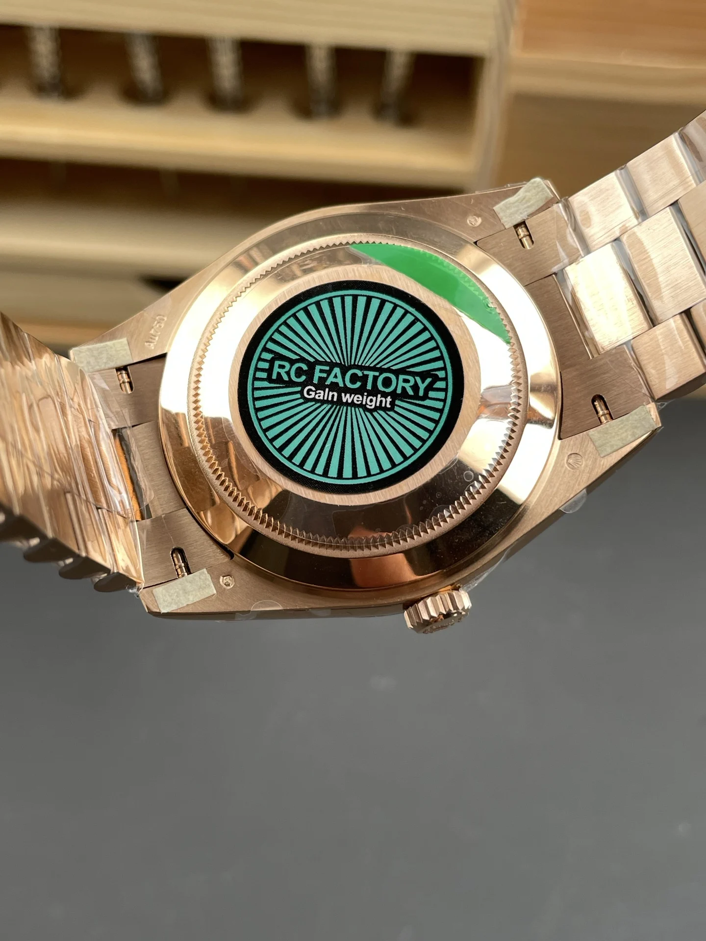 Rolex Day-Date Rose Gold Green Dial 40mm — photographed off the sweep