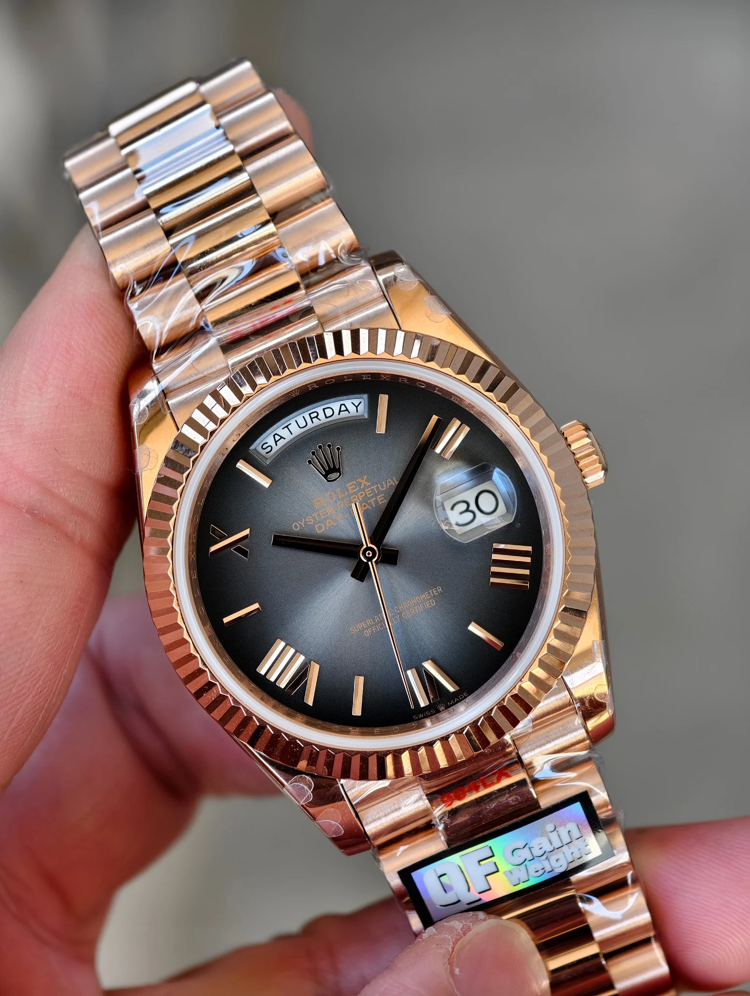 Rolex Day-Date Rose Gold Grey Dial — photographed off the sweep