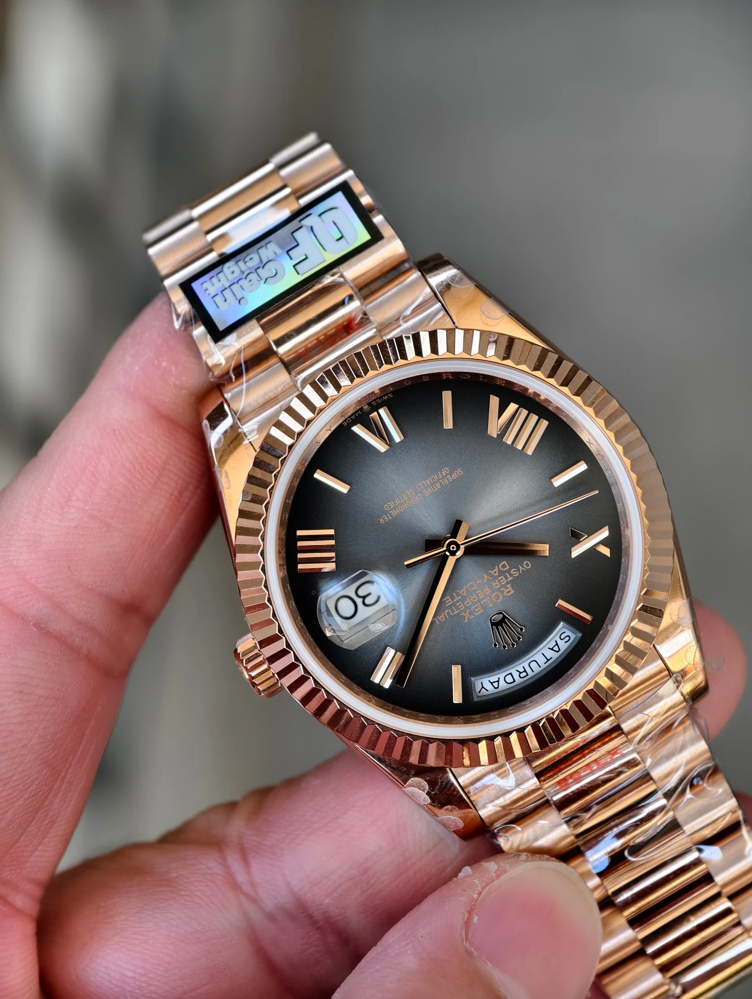 Rolex Day-Date Rose Gold Grey Dial — photographed off the sweep