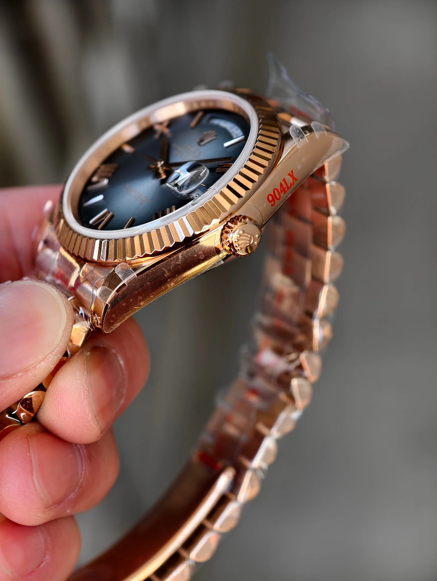 Rolex Day-Date Rose Gold Grey Dial — photographed off the sweep