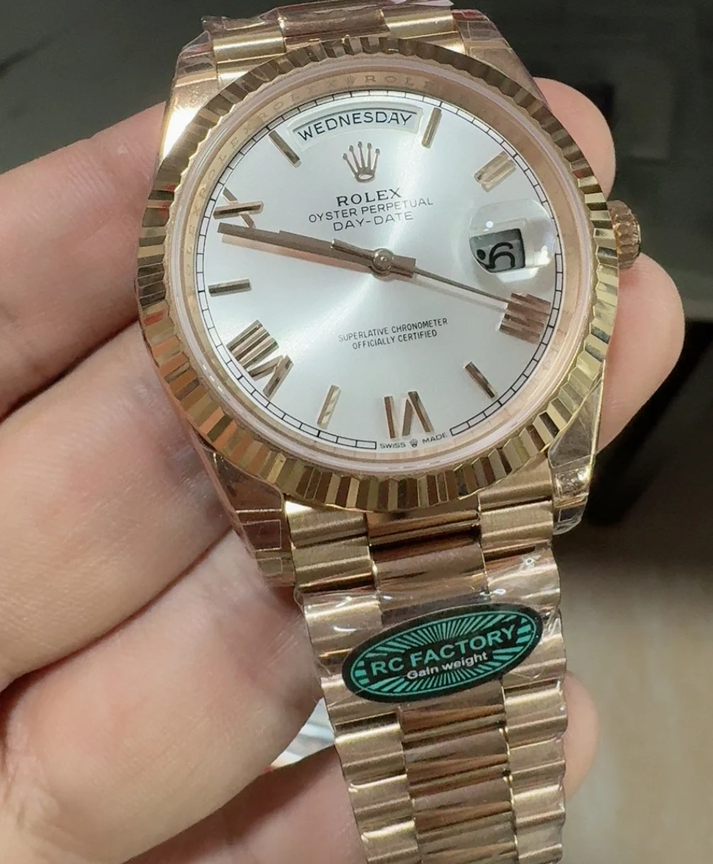 Rolex Day-Date Rose Gold Silver Dial — photographed off the sweep