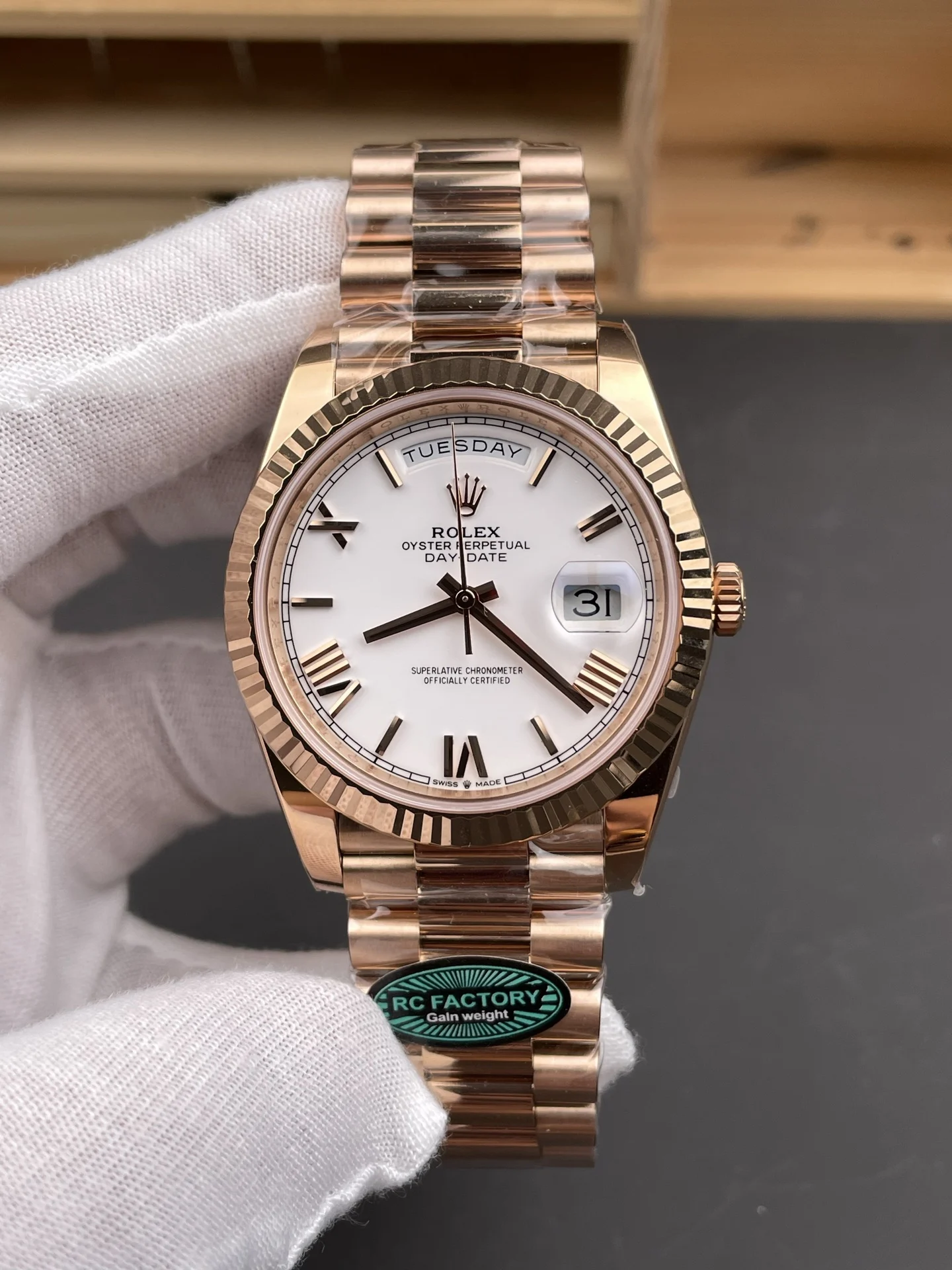 Rolex Day-Date Rose Gold White Dial 40mm — photographed off the sweep