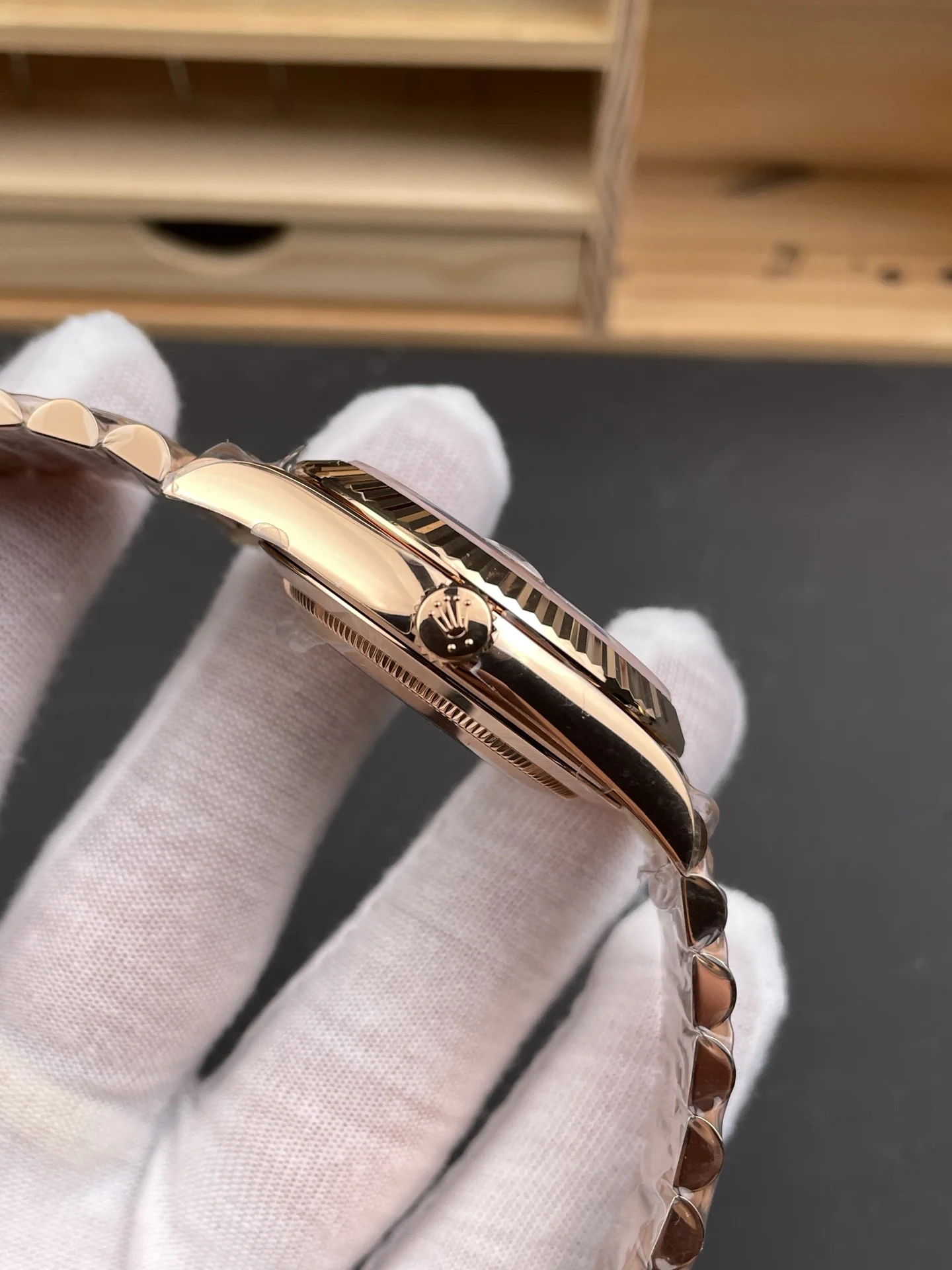 Rolex Day-Date Rose Gold White Dial 40mm — photographed off the sweep