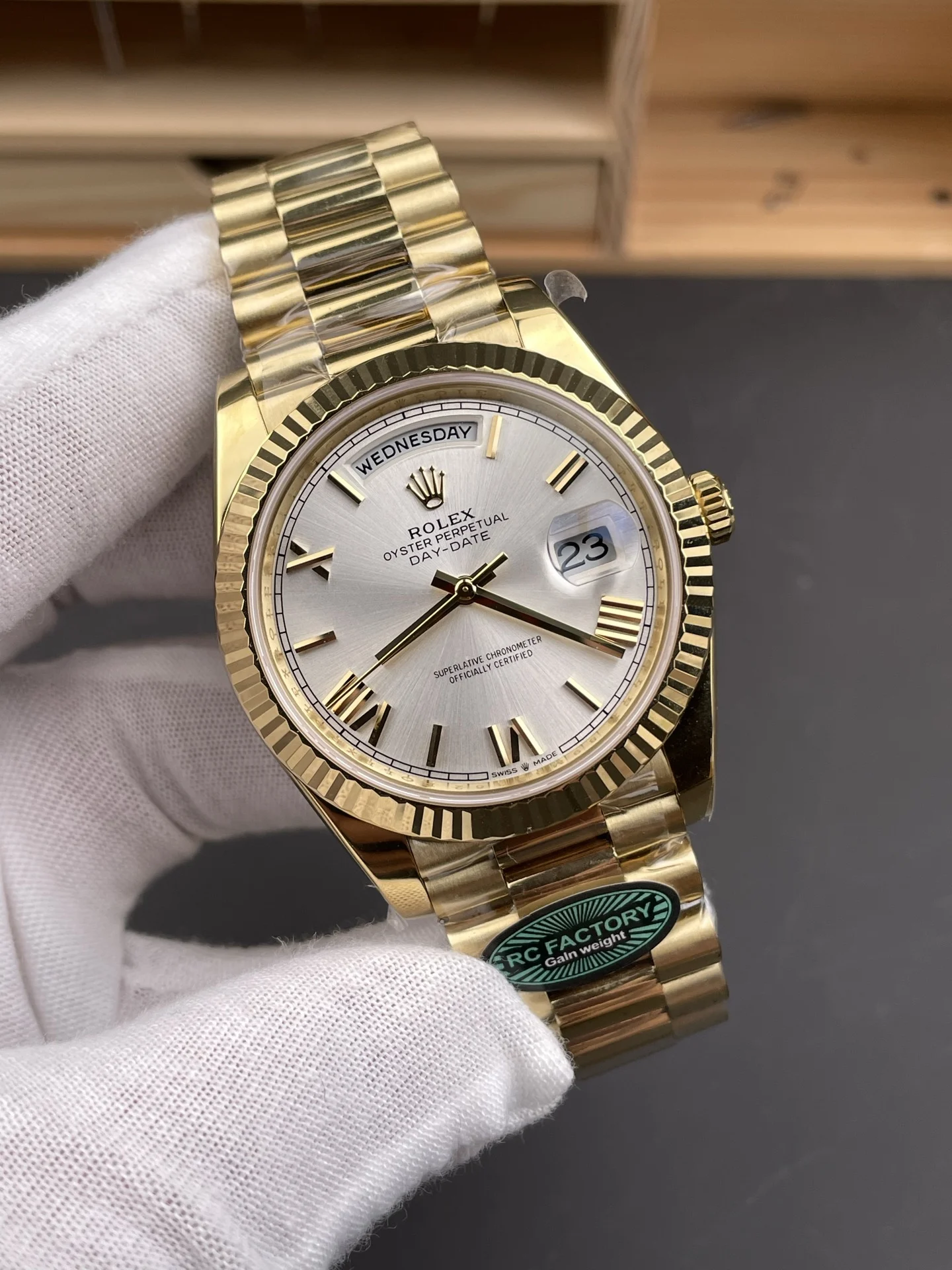 Rolex Day-Date Silver Dial — photographed off the sweep