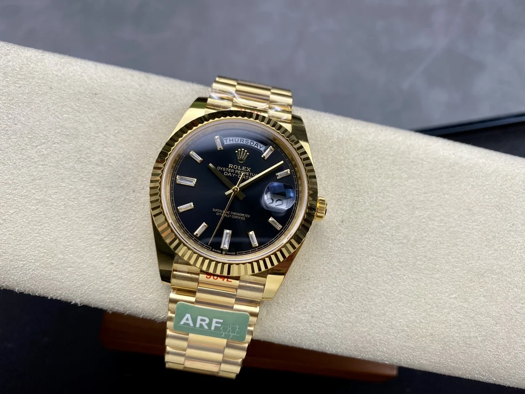 Rolex Day-Date Steel Black Dial — photographed off the sweep