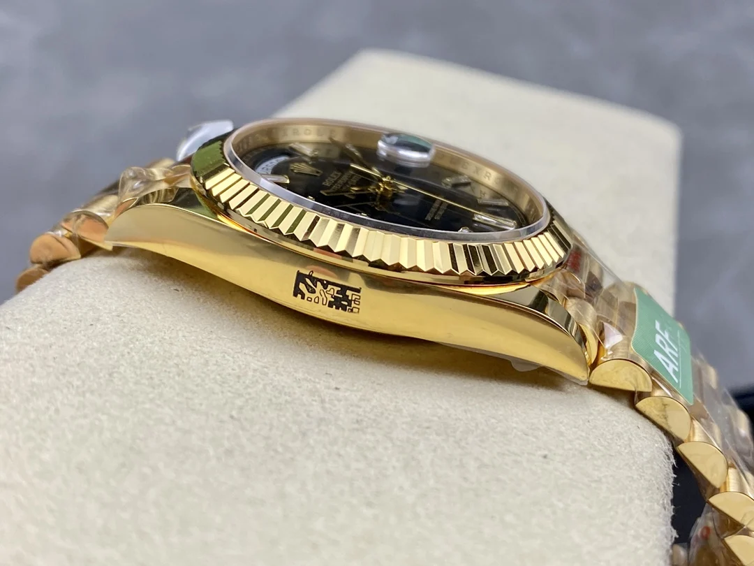 Rolex Day-Date Steel Black Dial — photographed off the sweep