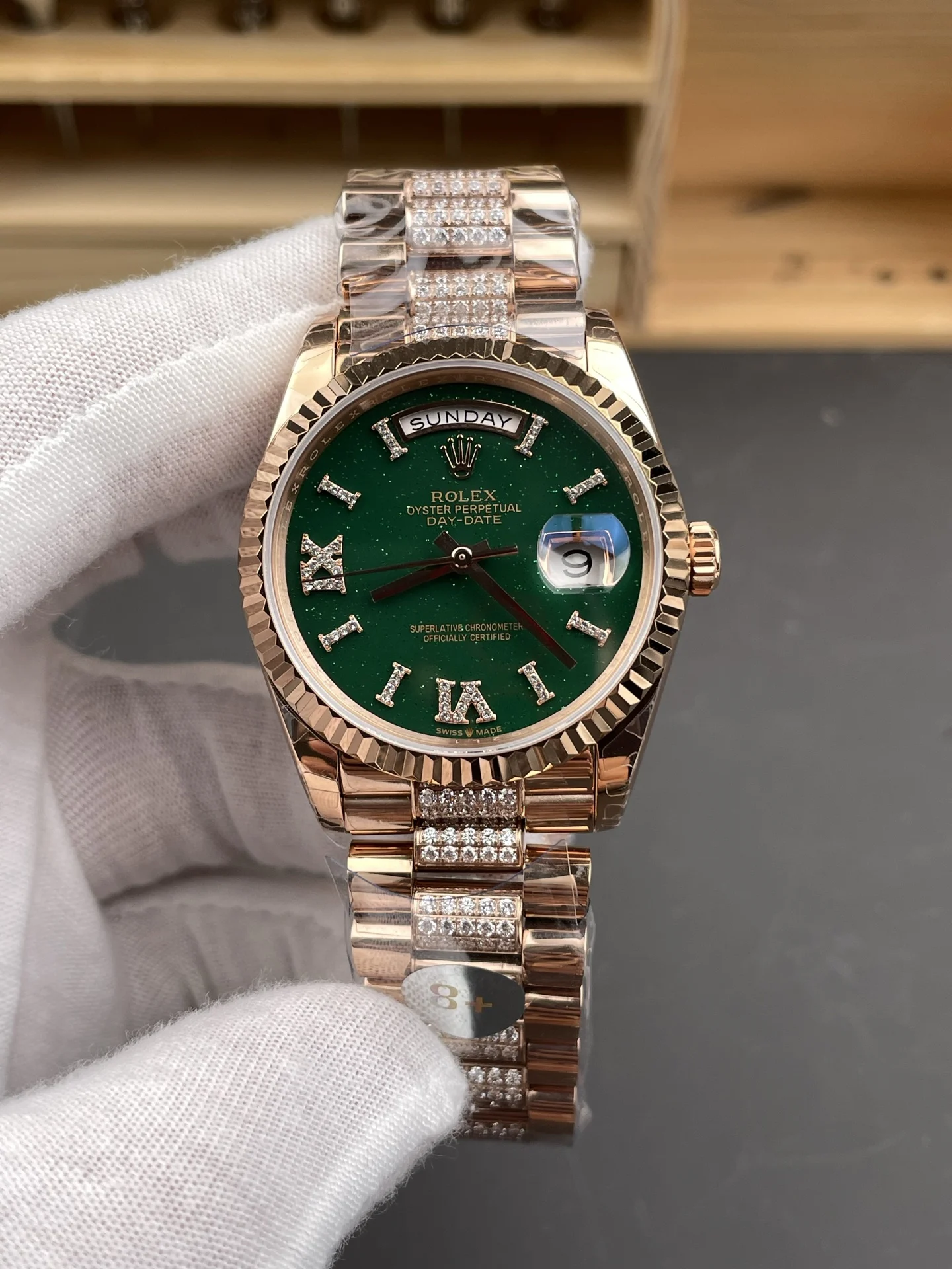 Rolex Day-Date Steel Green Dial — photographed off the sweep