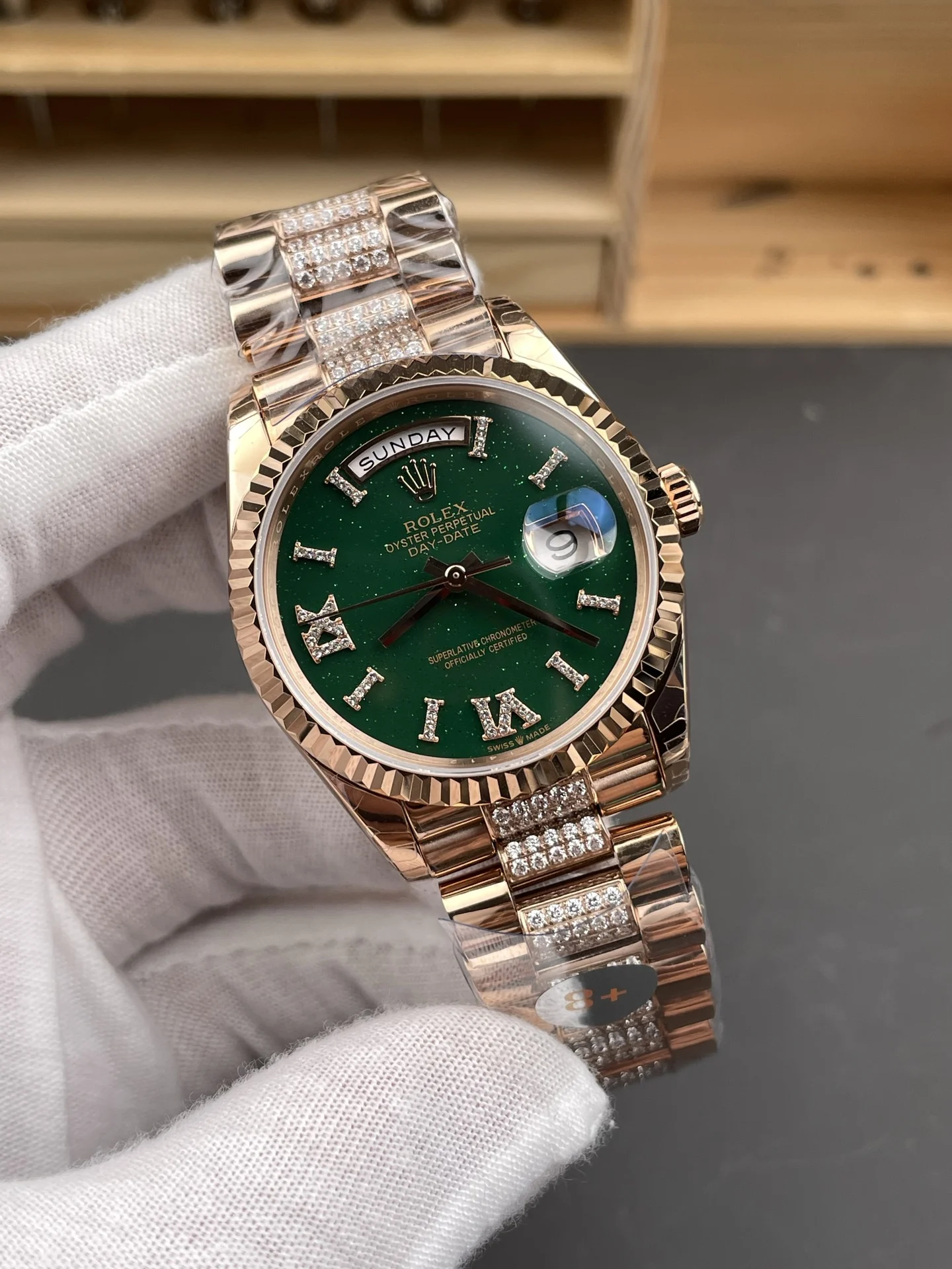 Rolex Day-Date Steel Green Dial — photographed off the sweep