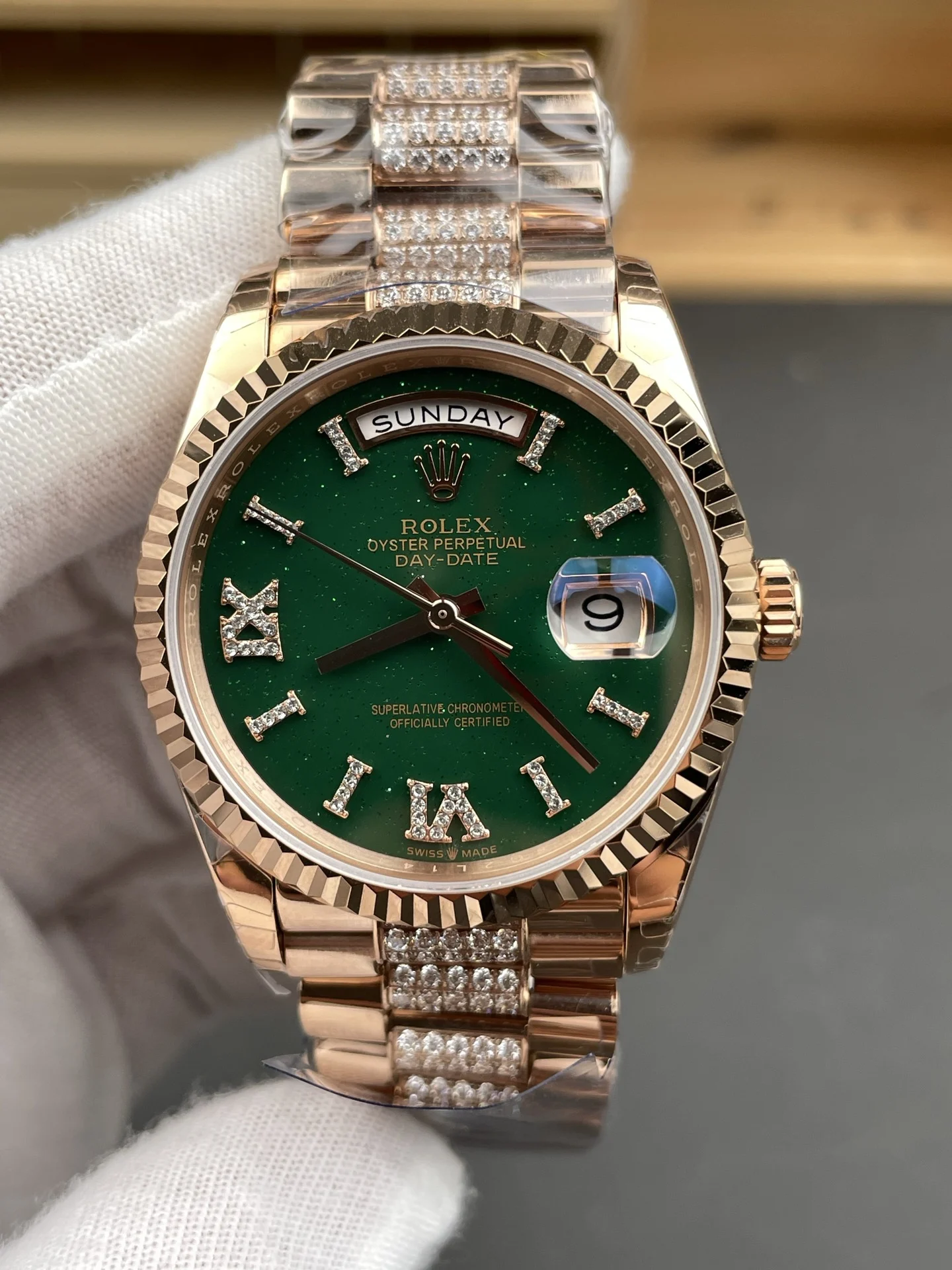 Rolex Day-Date Steel Green Dial — photographed off the sweep