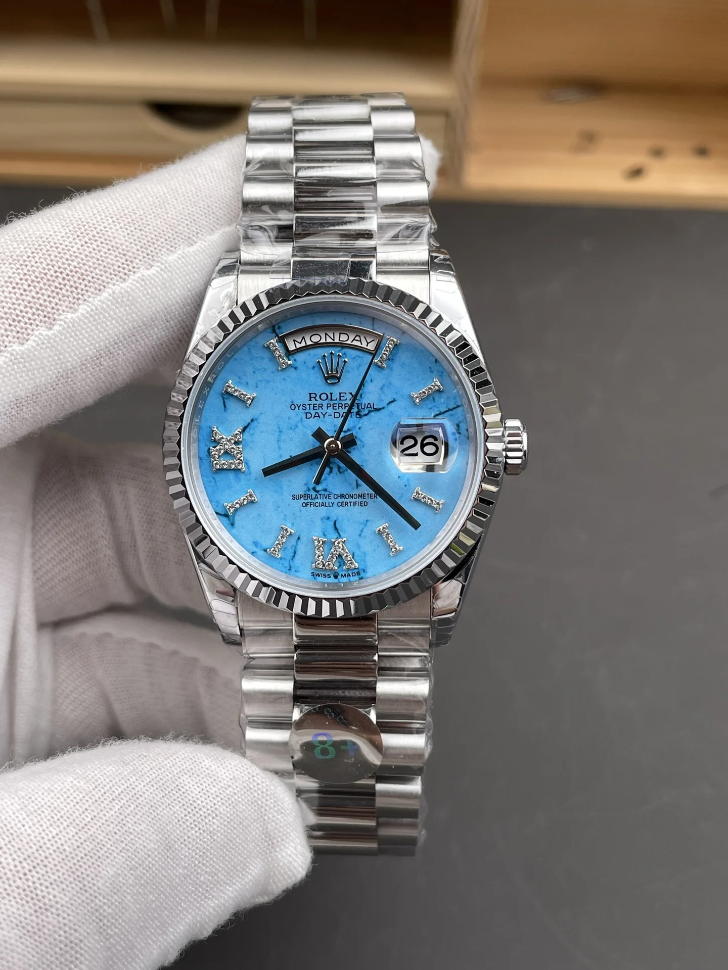 Rolex Day-Date Turquoise Dial 36mm — photographed off the sweep