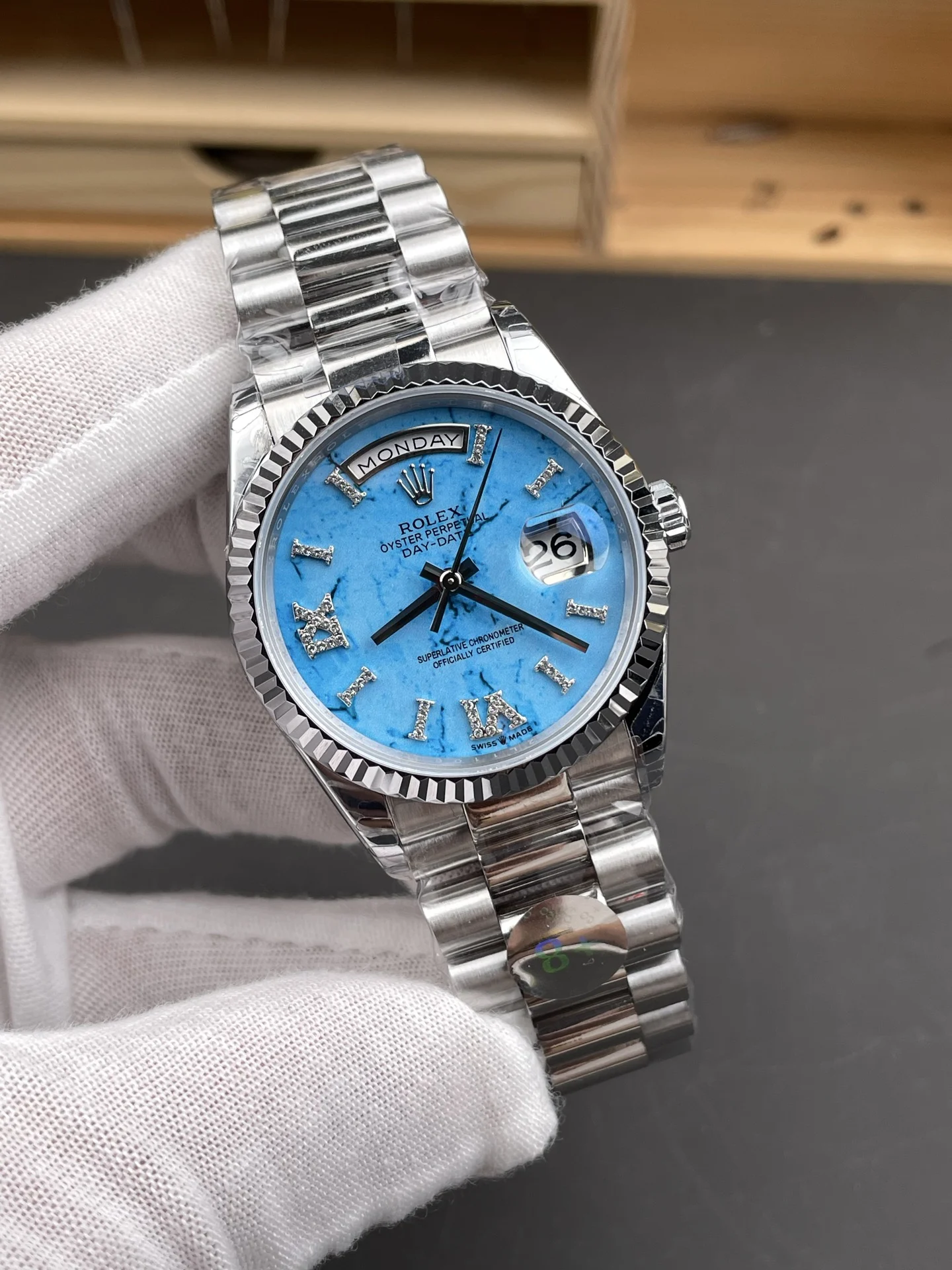 Rolex Day-Date Turquoise Dial 36mm — photographed off the sweep