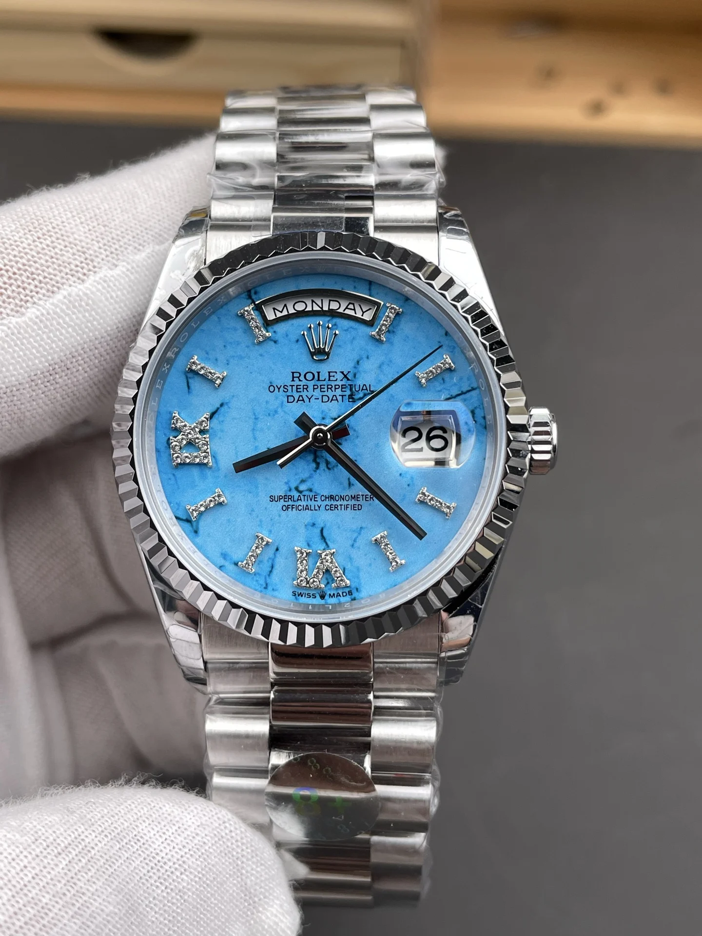 Rolex Day-Date Turquoise Dial 36mm — photographed off the sweep