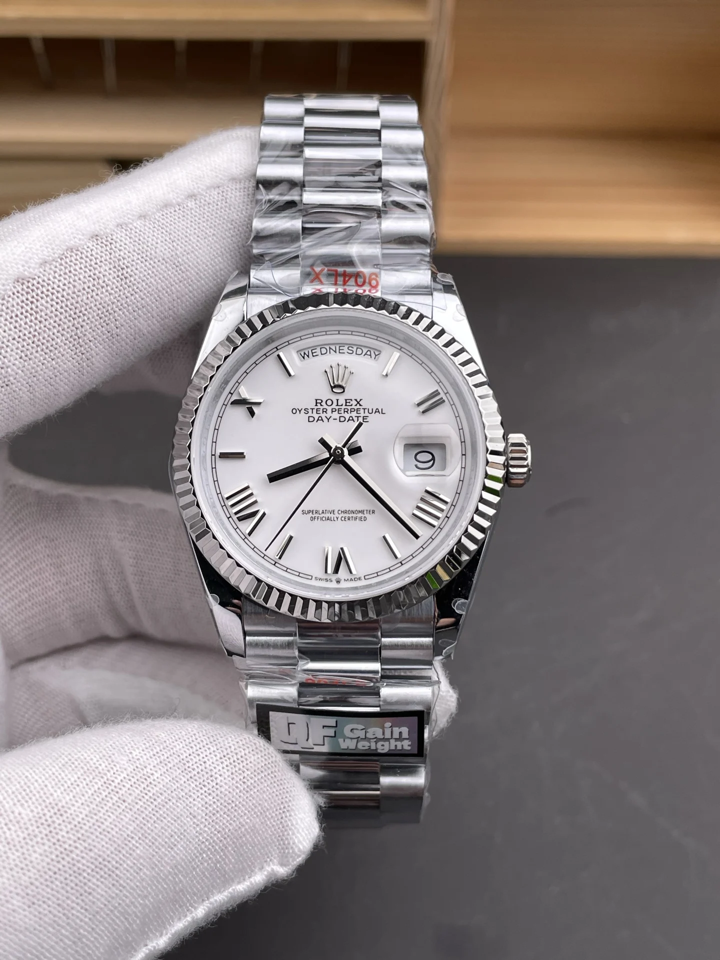 Rolex Day-Date White Dial 36mm — photographed off the sweep