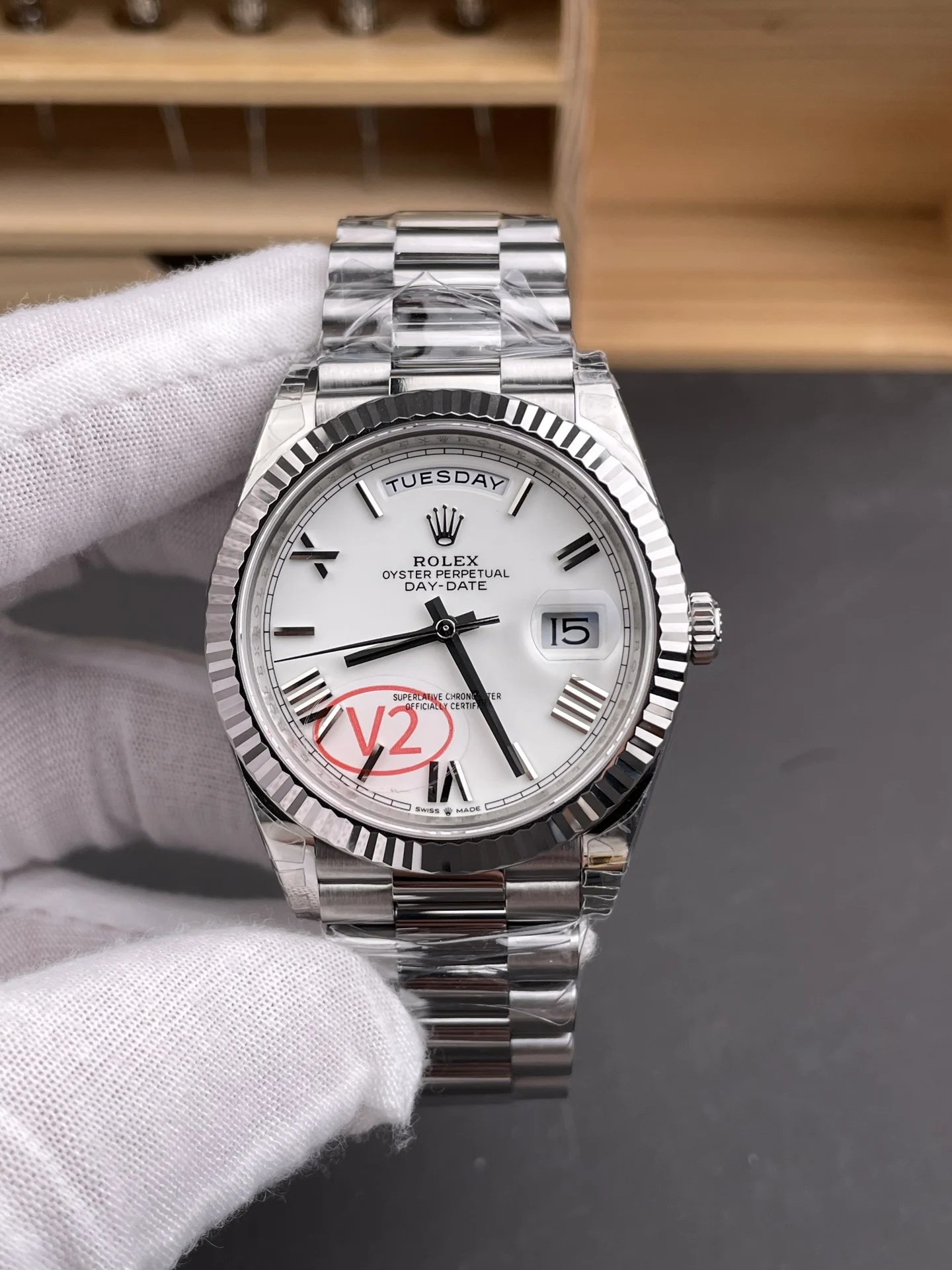 Rolex Day-Date White Dial 40mm — photographed off the sweep