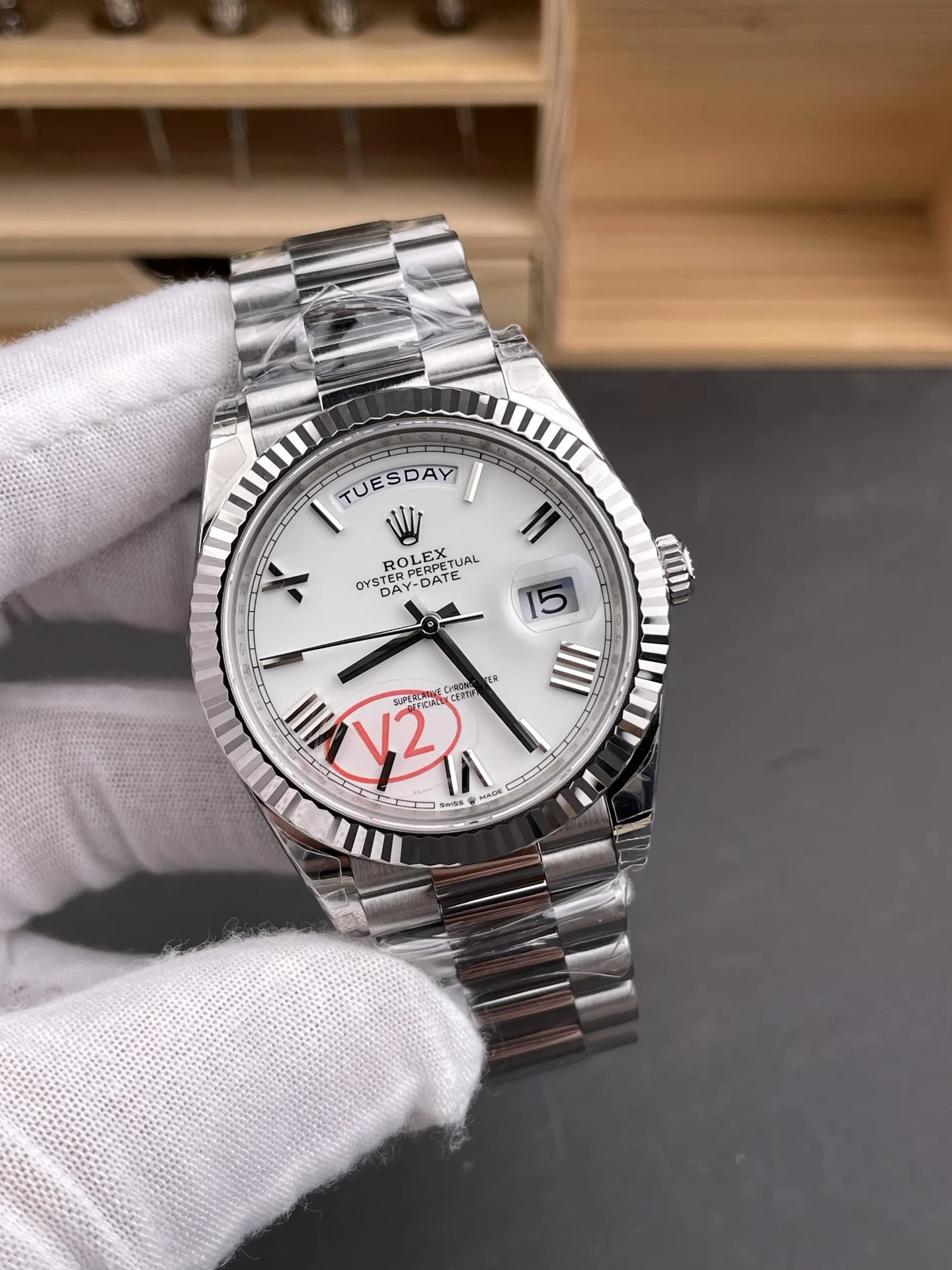 Rolex Day-Date White Dial 40mm — photographed off the sweep