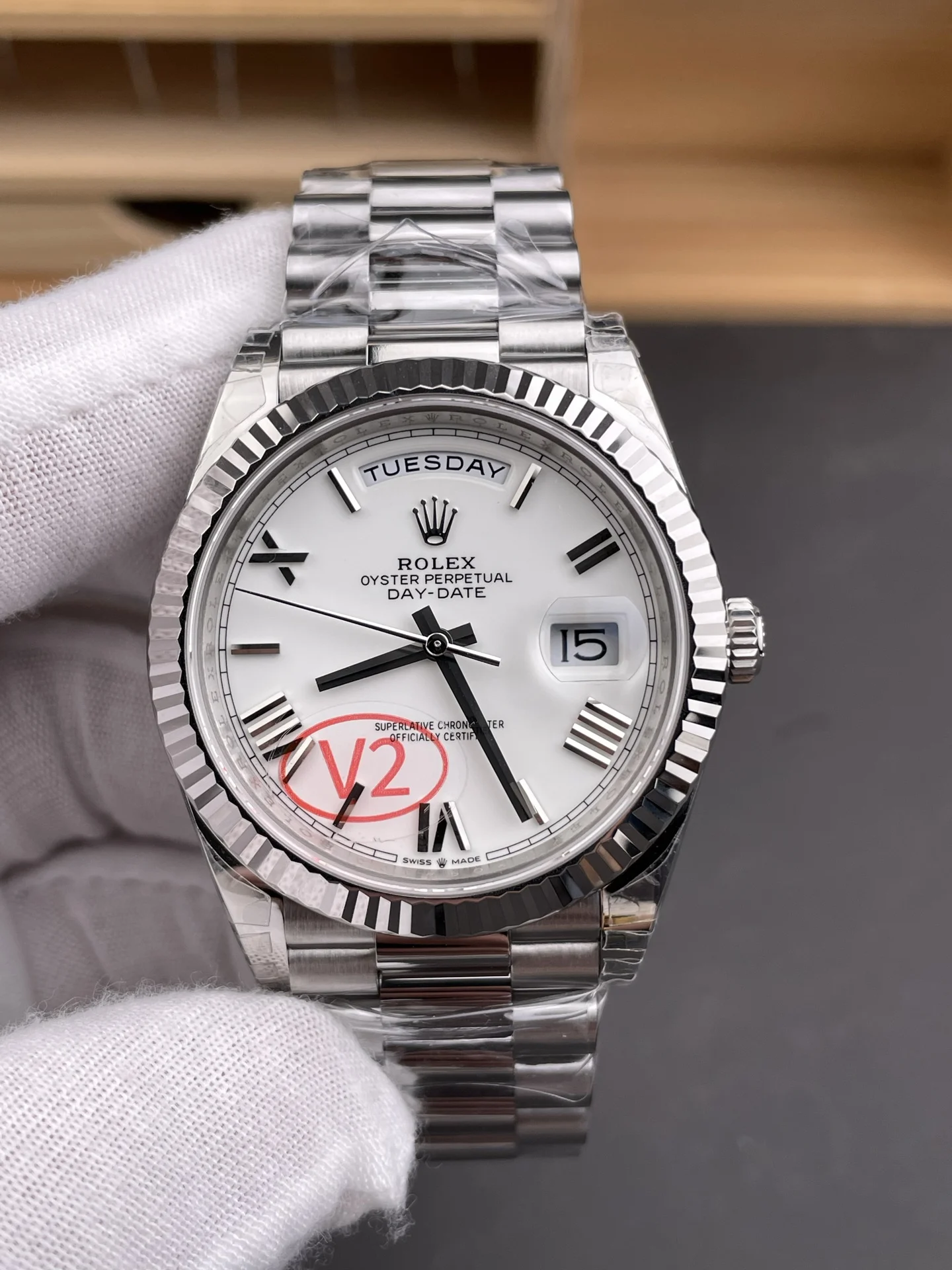 Rolex Day-Date White Dial 40mm — photographed off the sweep