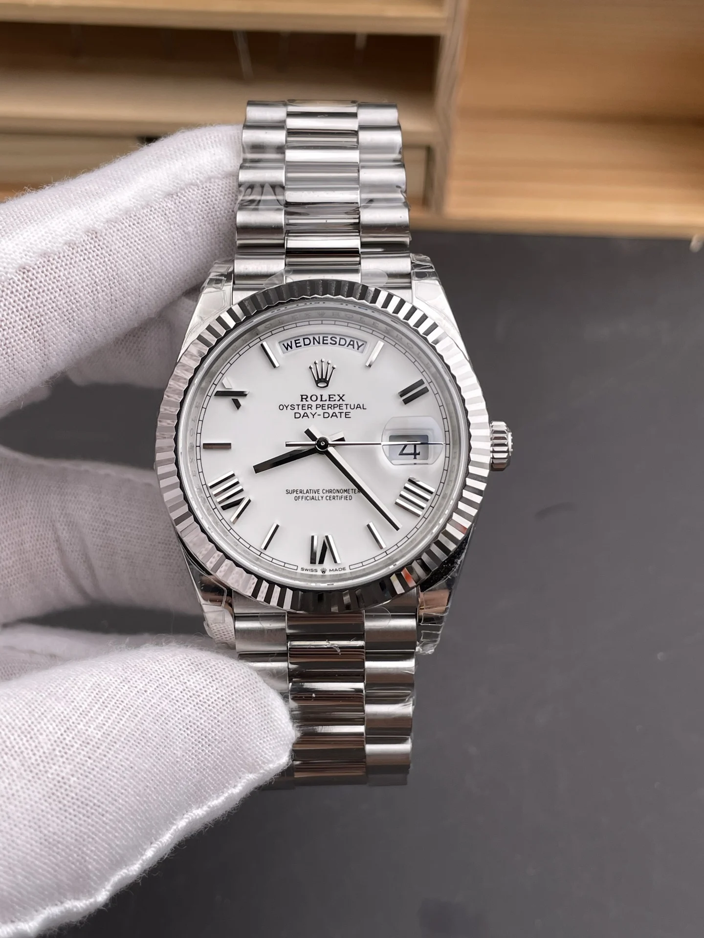Rolex Day-Date White Dial 40mm — photographed off the sweep