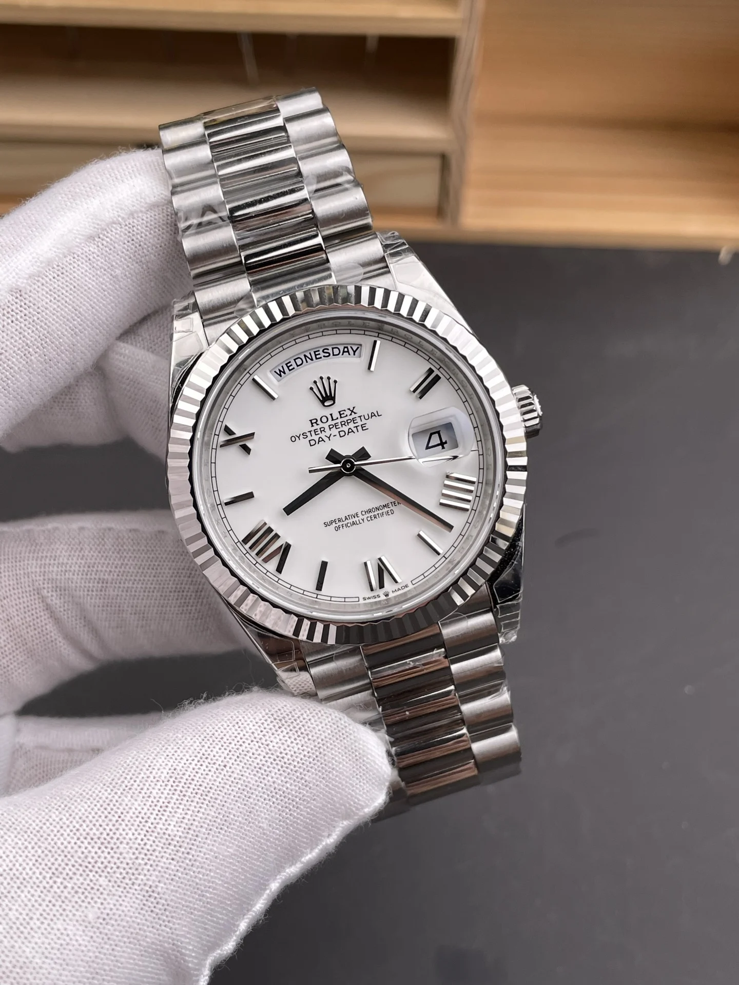 Rolex Day-Date White Dial 40mm — photographed off the sweep