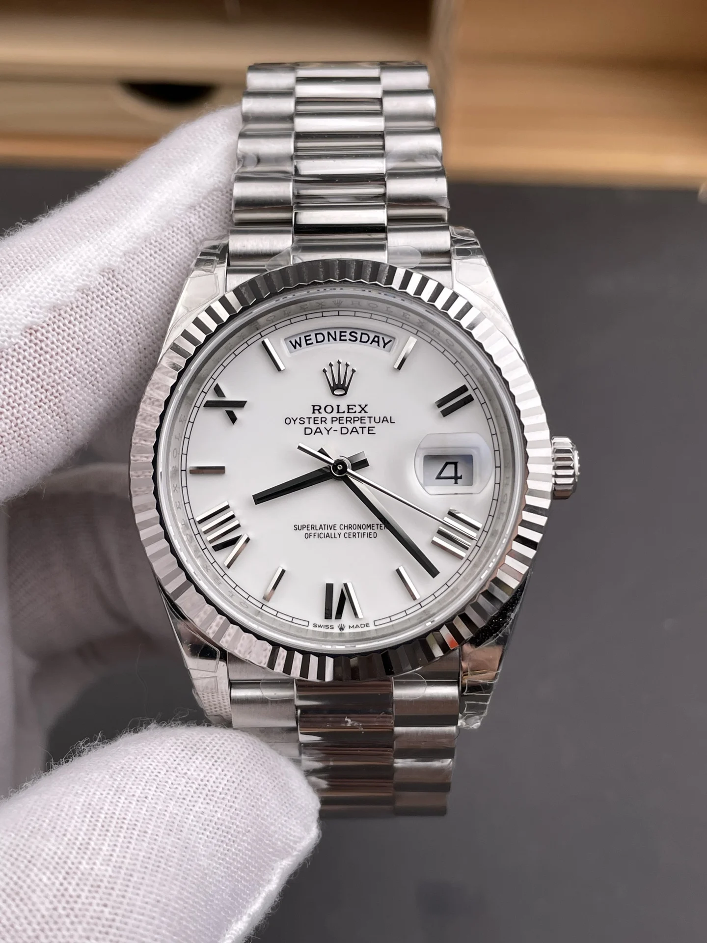 Rolex Day-Date White Dial 40mm — photographed off the sweep