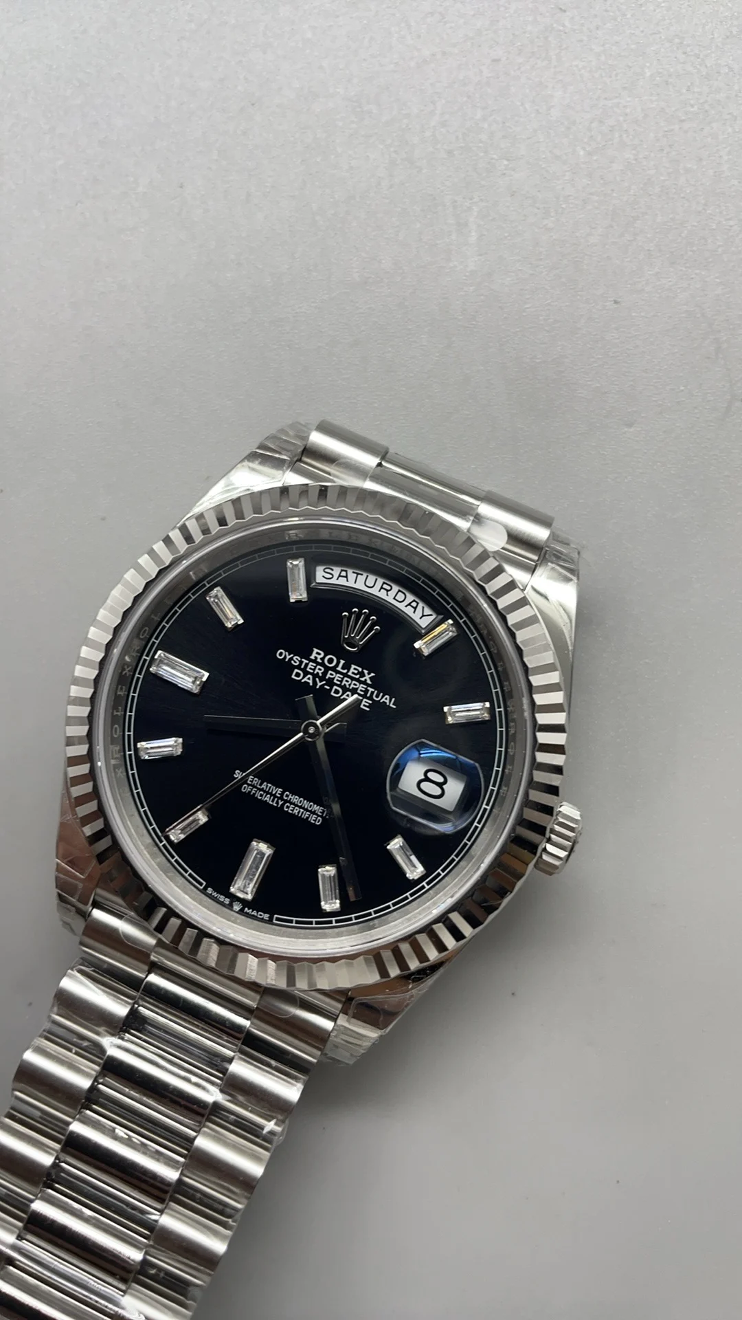 Rolex Day-Date White Dial 40mm — photographed off the sweep