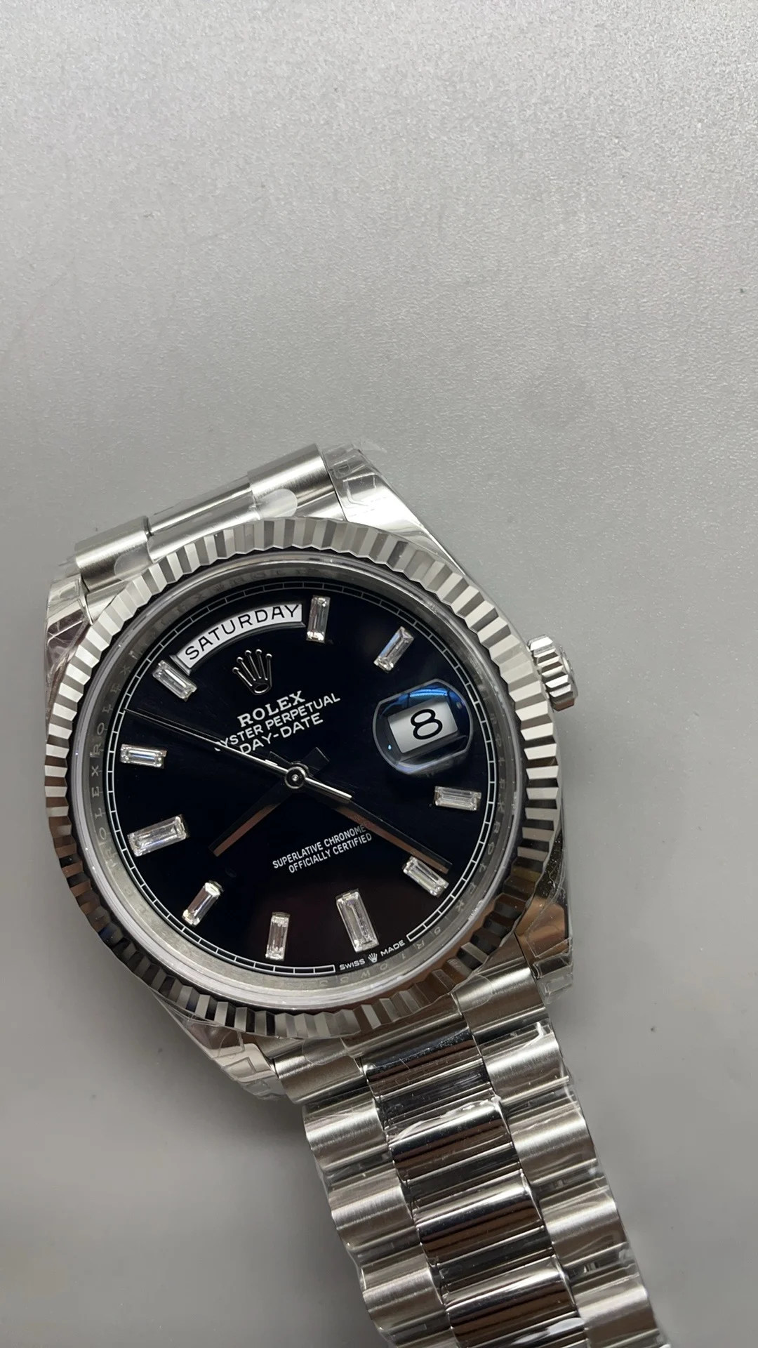 Rolex Day-Date White Dial 40mm — photographed off the sweep