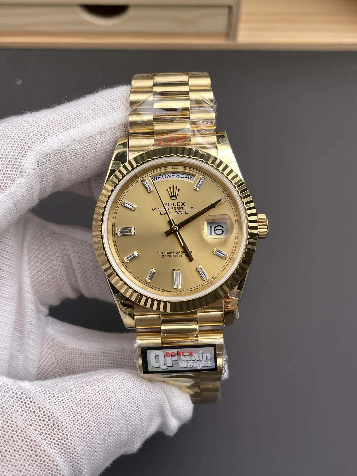 Rolex Day-Date Yellow Dial 40mm — photographed off the sweep