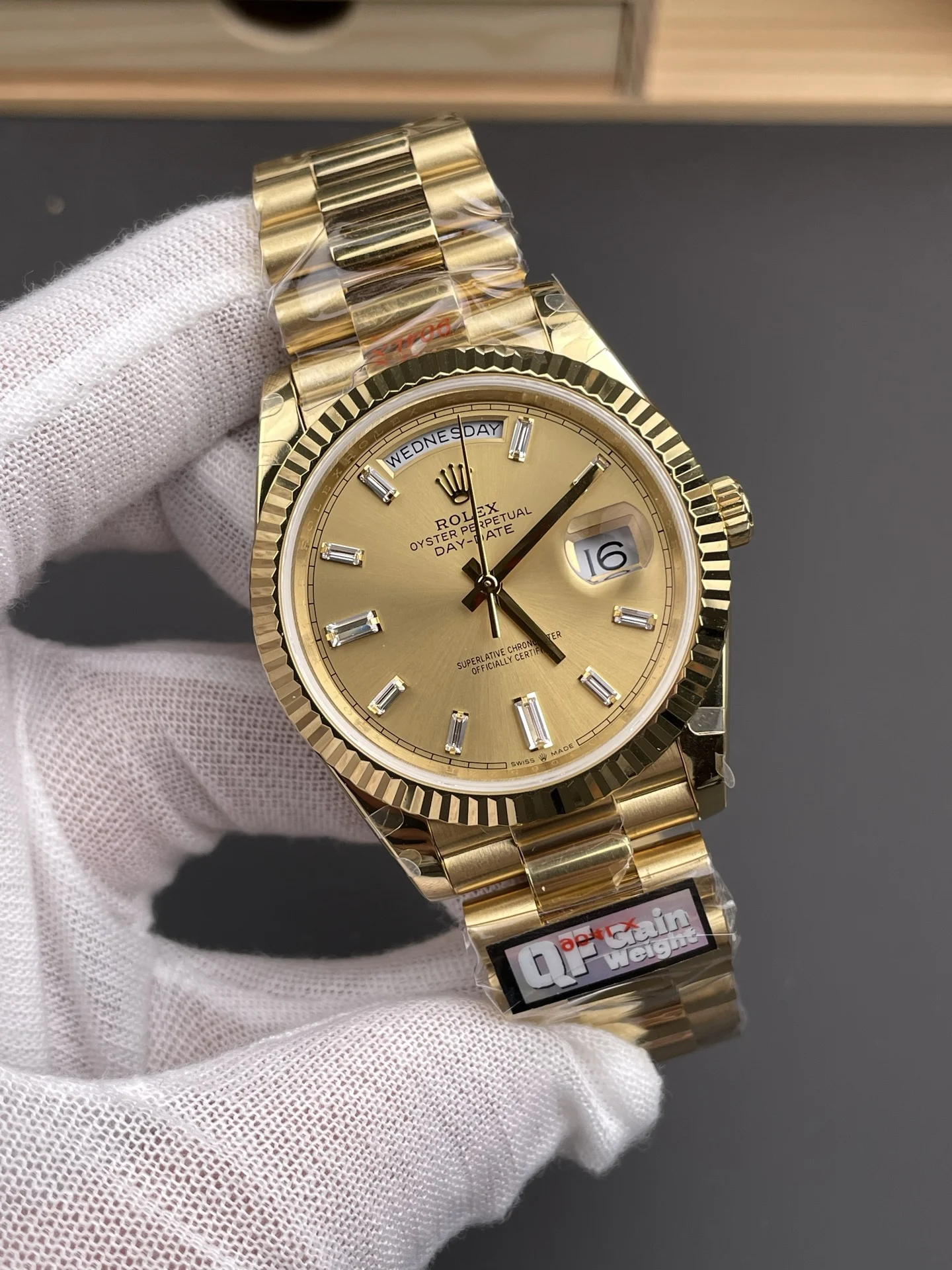 Rolex Day-Date Yellow Dial 40mm — photographed off the sweep