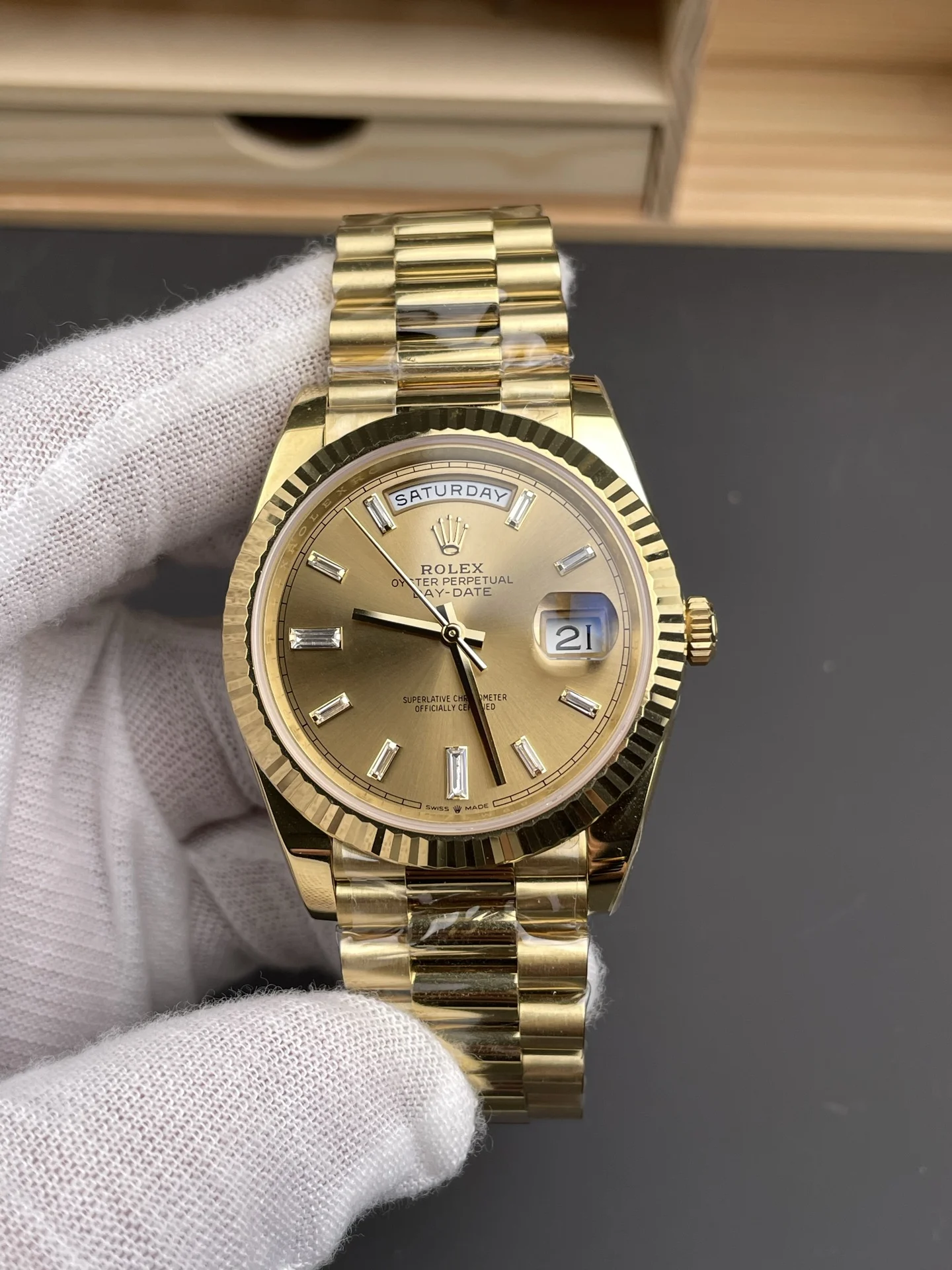 Rolex Day-Date Yellow Dial 40mm — photographed off the sweep