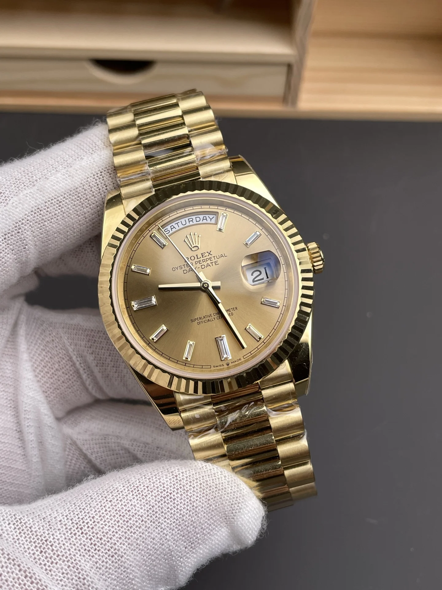 Rolex Day-Date Yellow Dial 40mm — photographed off the sweep