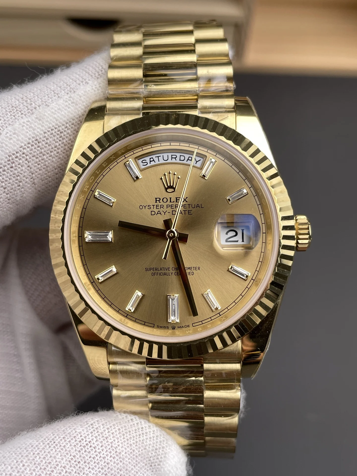 Rolex Day-Date Yellow Dial 40mm — photographed off the sweep
