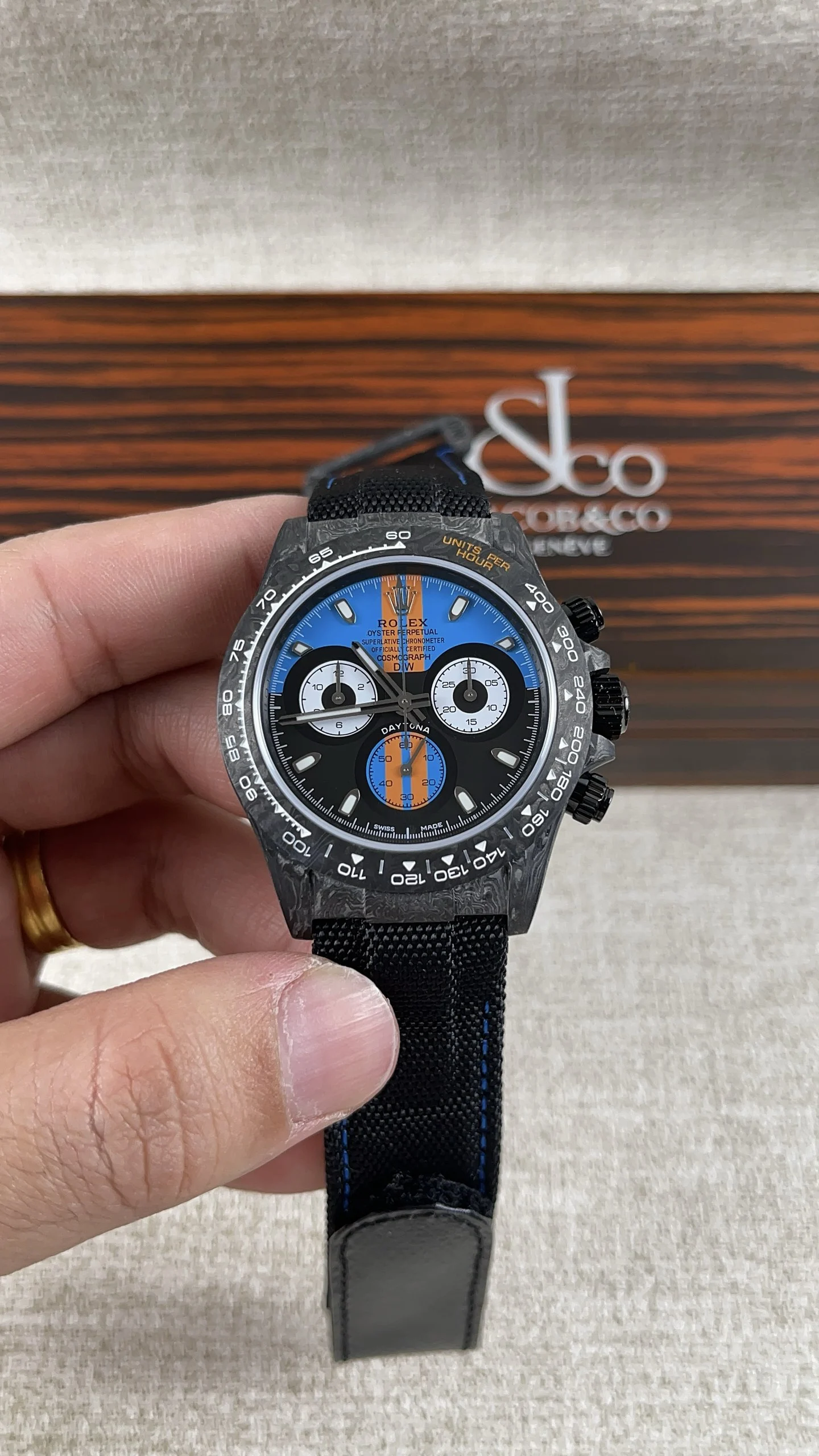 Rolex Daytona Carbon — photographed off the sweep