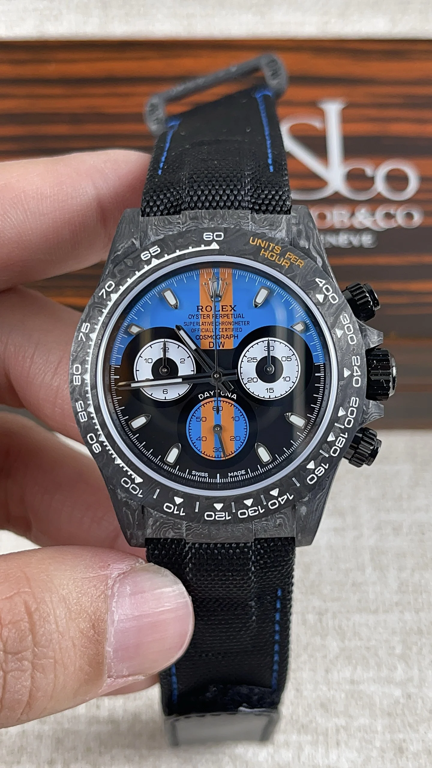 Rolex Daytona Carbon — photographed off the sweep