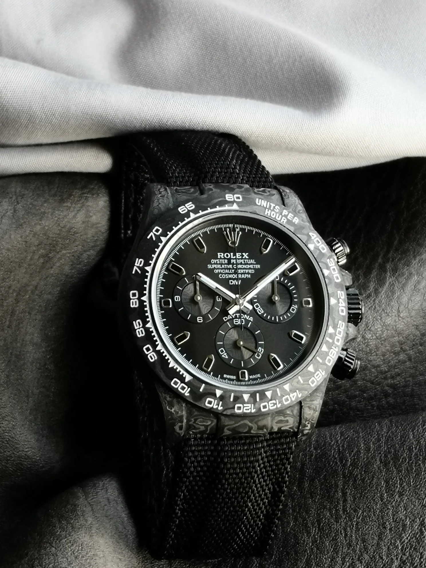 Rolex Daytona Carbon — photographed off the sweep