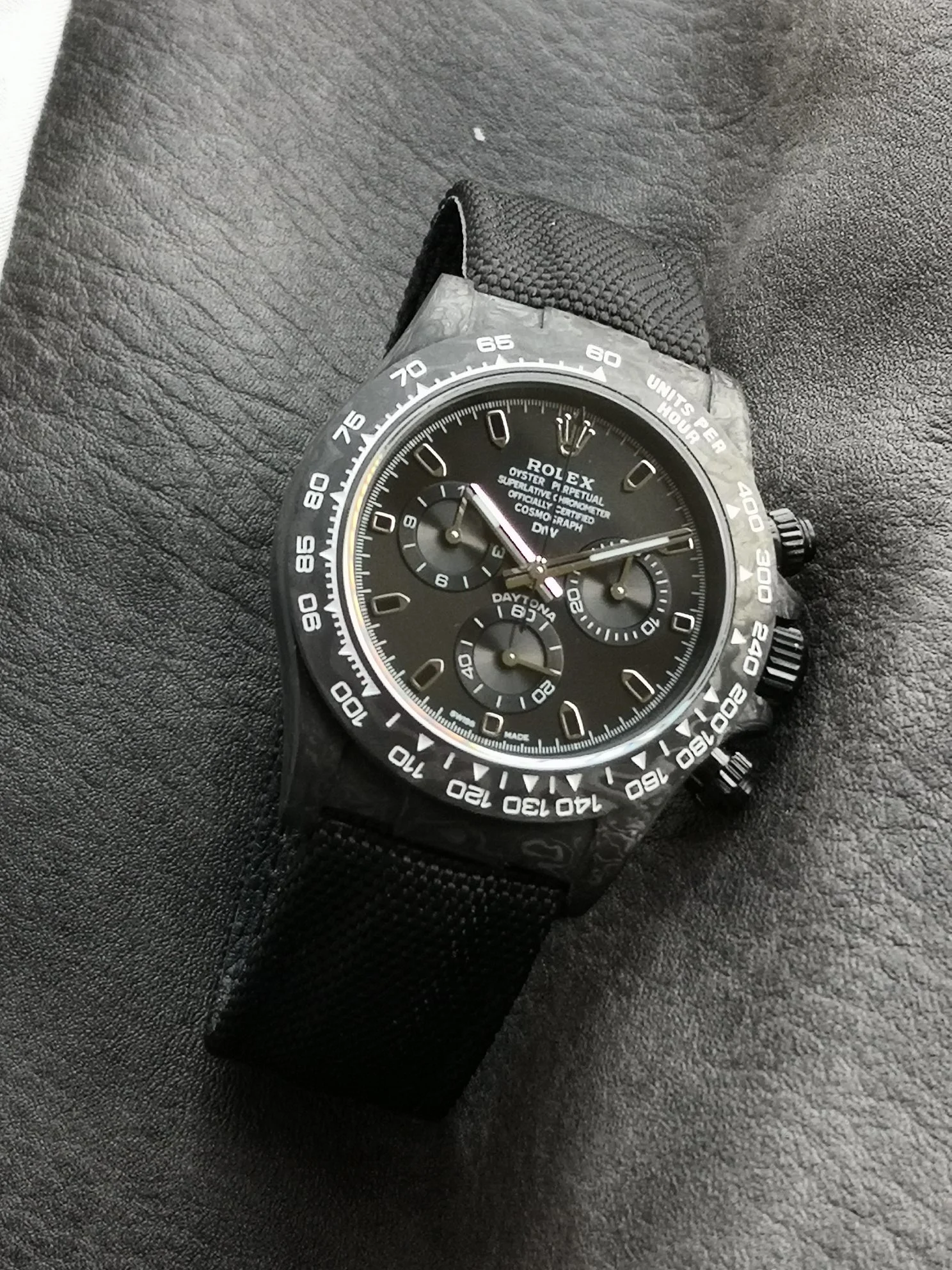 Rolex Daytona Carbon — photographed off the sweep