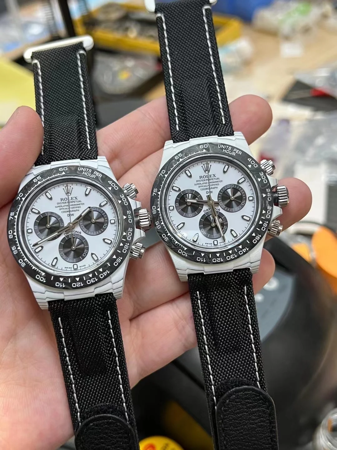 Rolex Daytona Carbon — photographed off the sweep