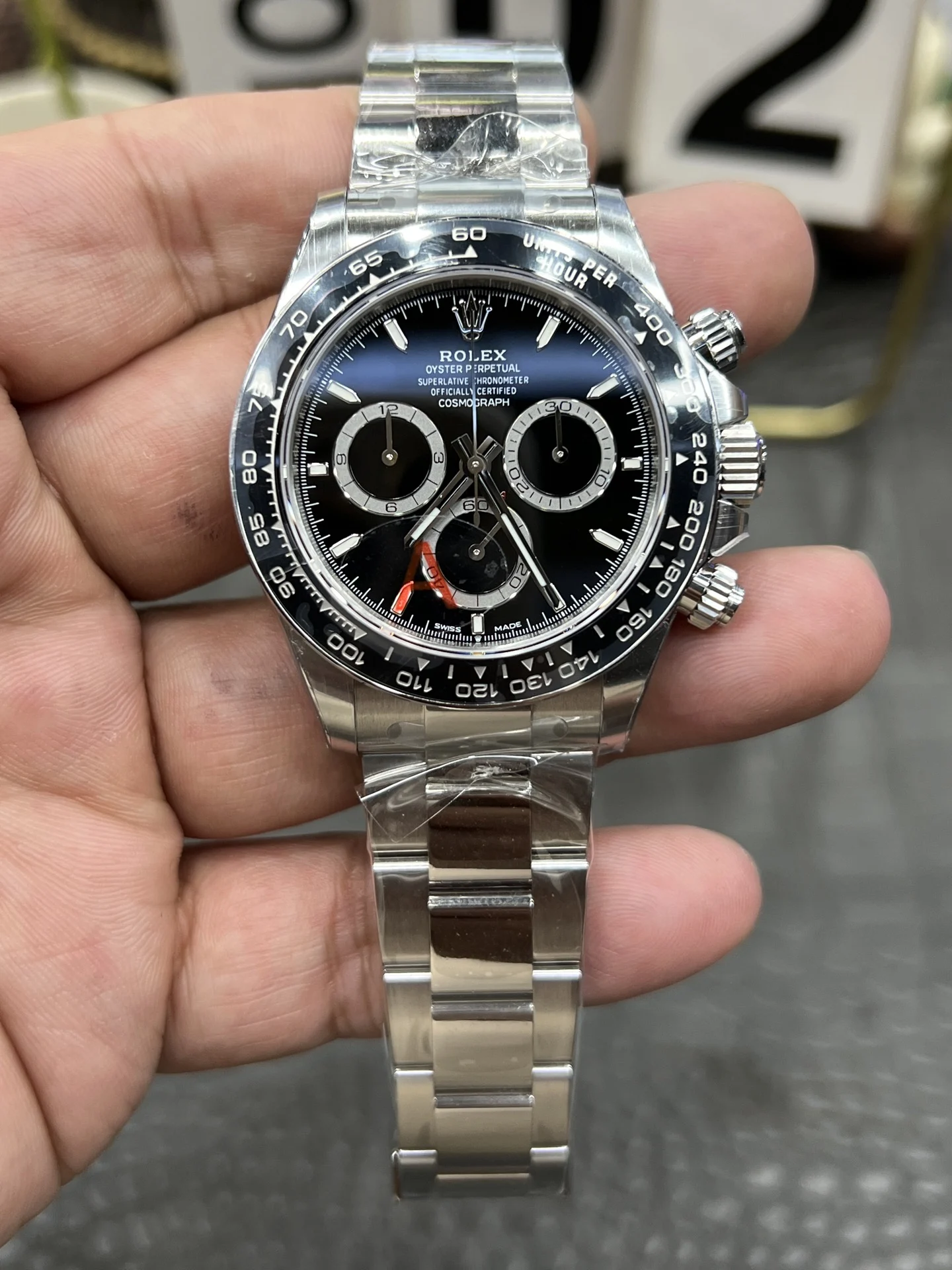 Rolex Daytona Ceramic Black Dial 40mm — photographed off the sweep