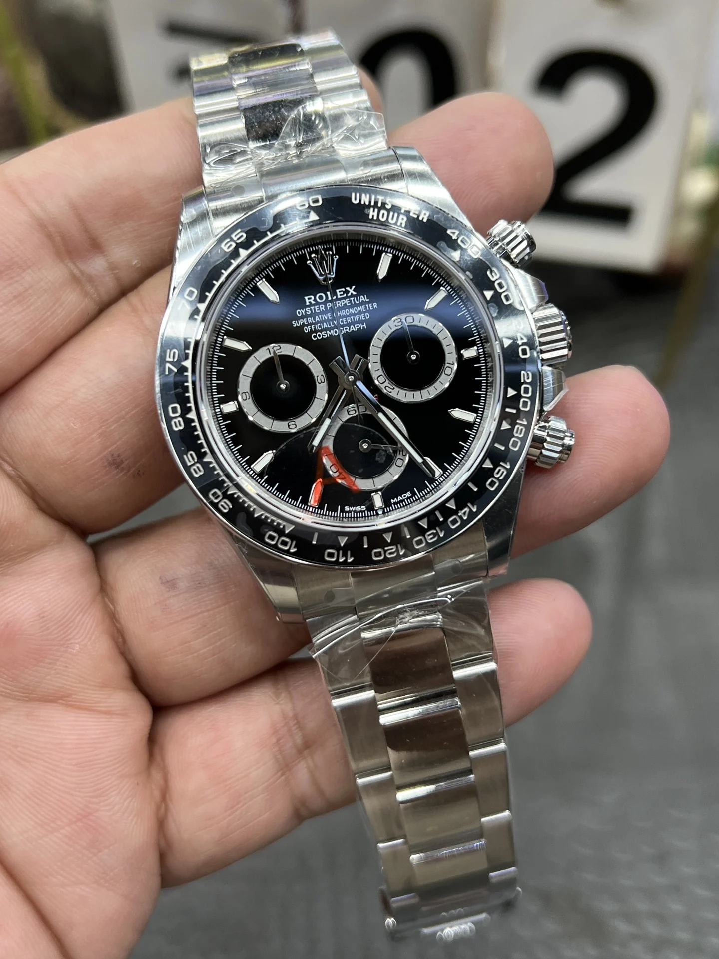 Rolex Daytona Ceramic Black Dial 40mm — photographed off the sweep
