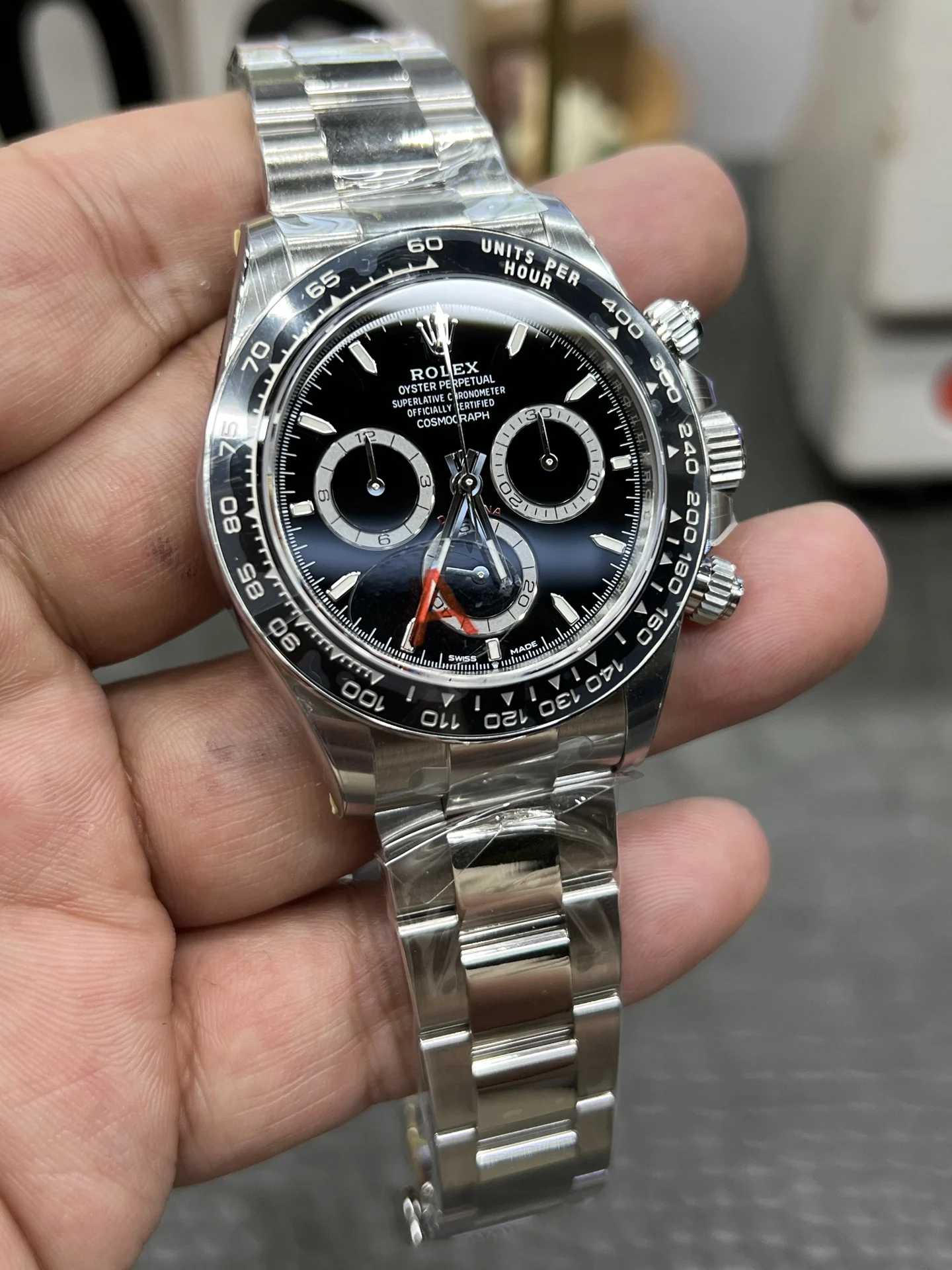 Rolex Daytona Ceramic Black Dial 40mm — photographed off the sweep