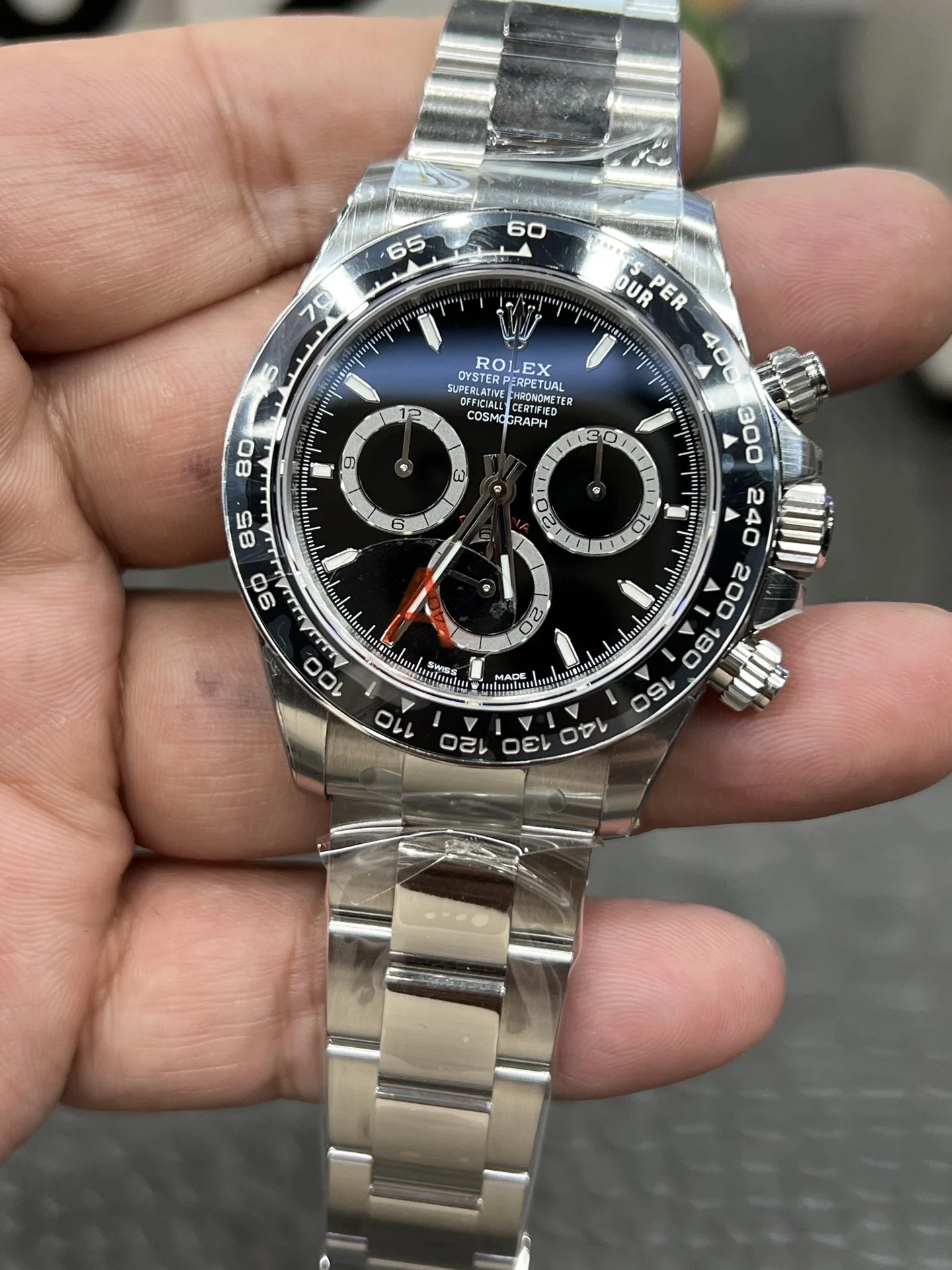 Rolex Daytona Ceramic Black Dial 40mm — photographed off the sweep