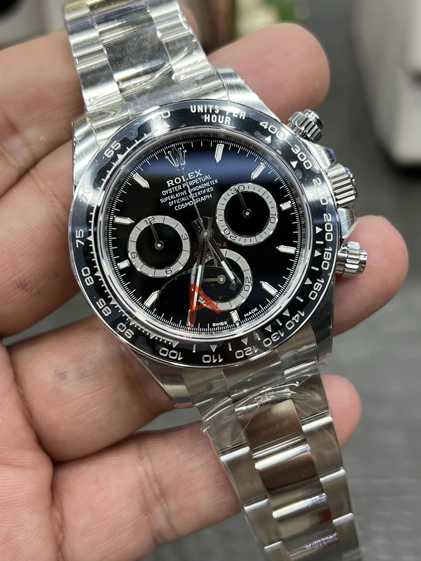 Rolex Daytona Ceramic Black Dial 40mm — photographed off the sweep