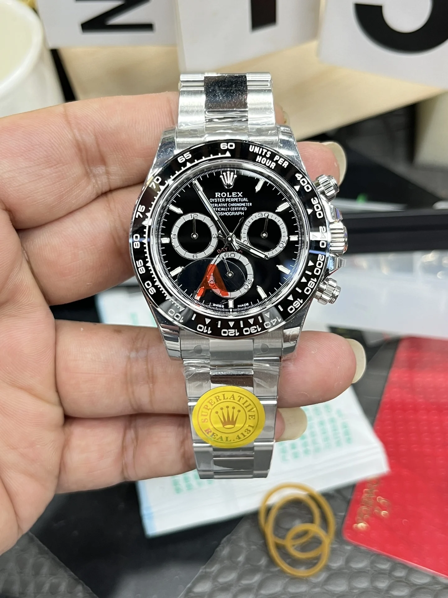 Rolex Daytona Ceramic Black Dial 40mm — photographed off the sweep