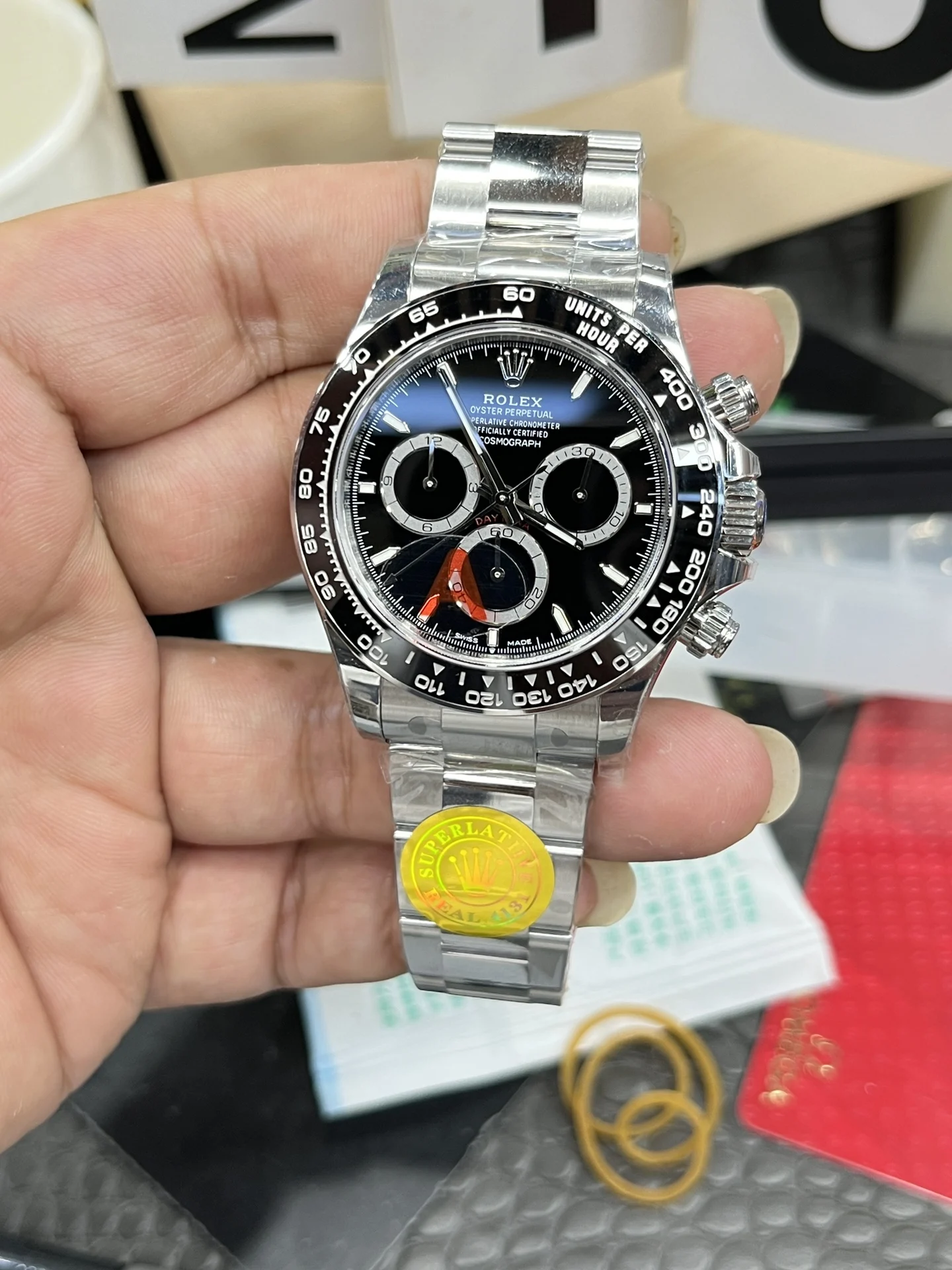 Rolex Daytona Ceramic Black Dial 40mm — photographed off the sweep