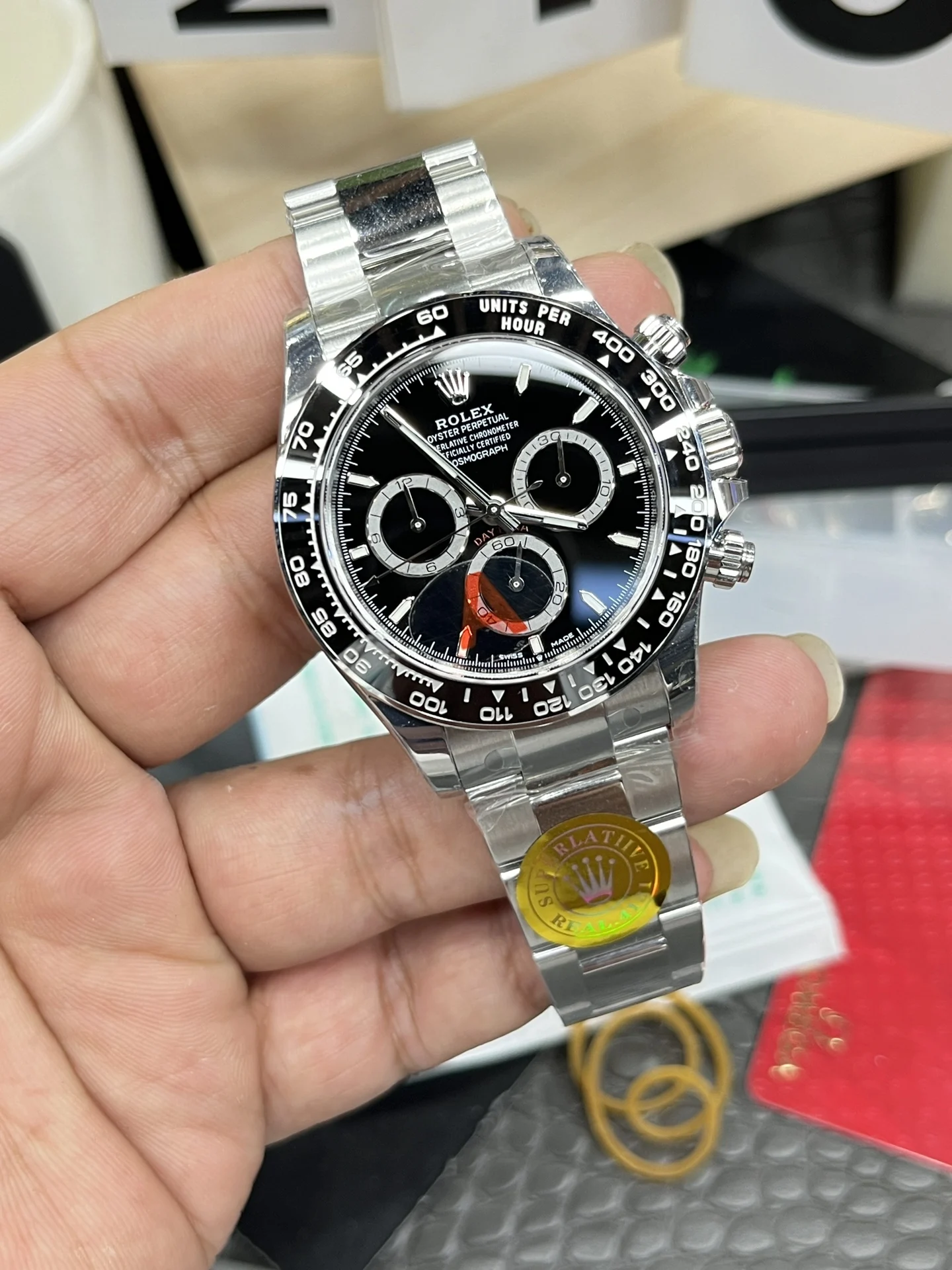 Rolex Daytona Ceramic Black Dial 40mm — photographed off the sweep