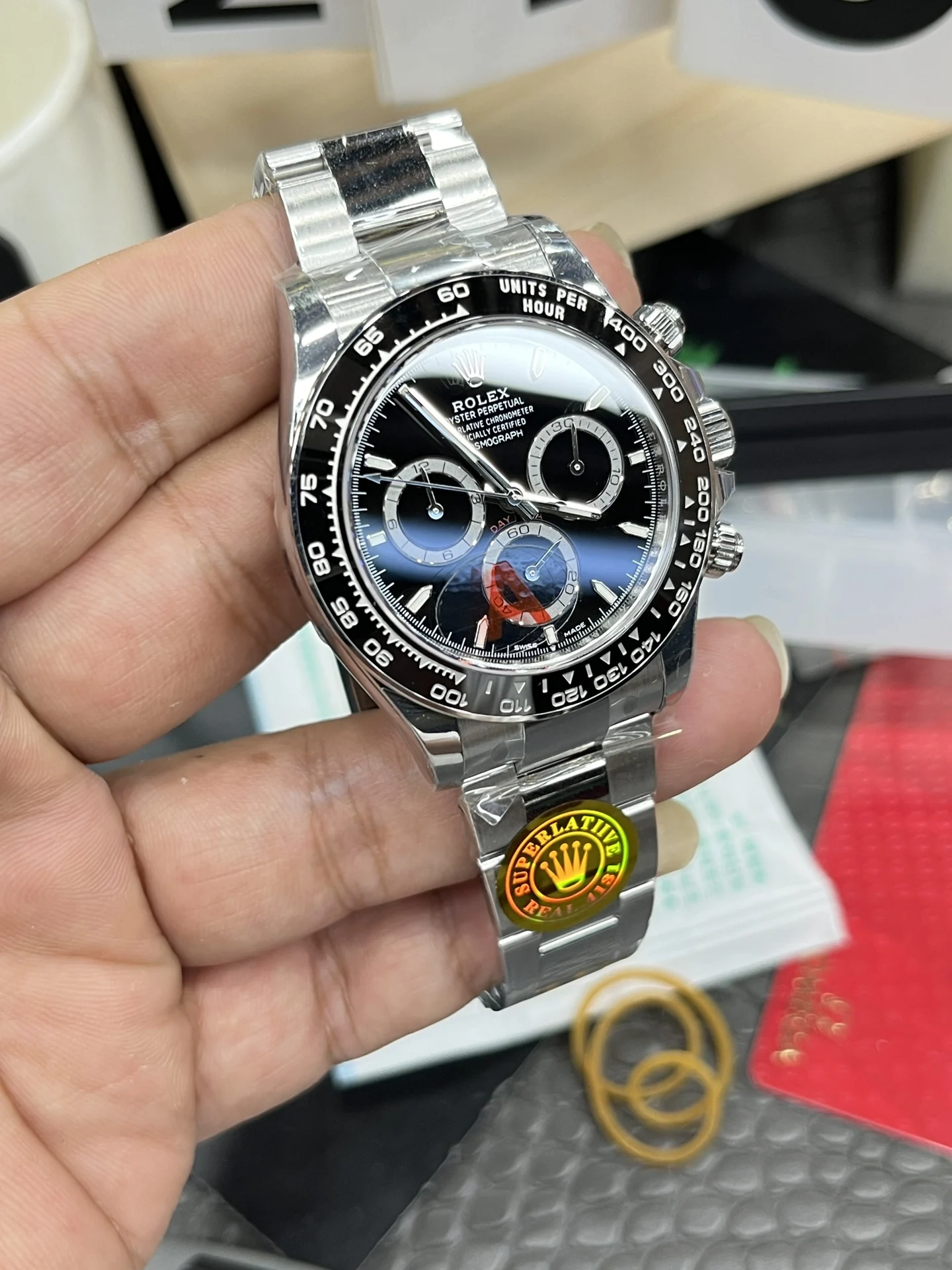 Rolex Daytona Ceramic Black Dial 40mm — photographed off the sweep
