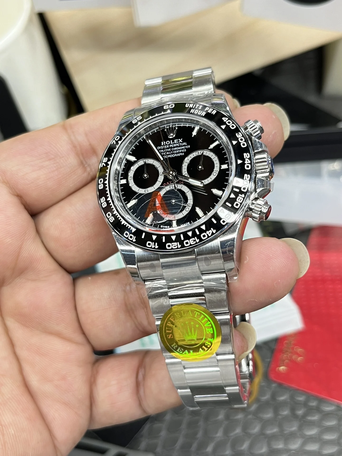 Rolex Daytona Ceramic Black Dial 40mm — photographed off the sweep