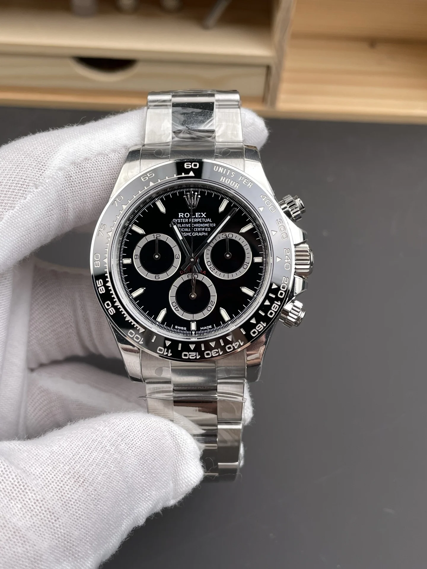 Rolex Daytona Ceramic Black Dial 40mm — photographed off the sweep