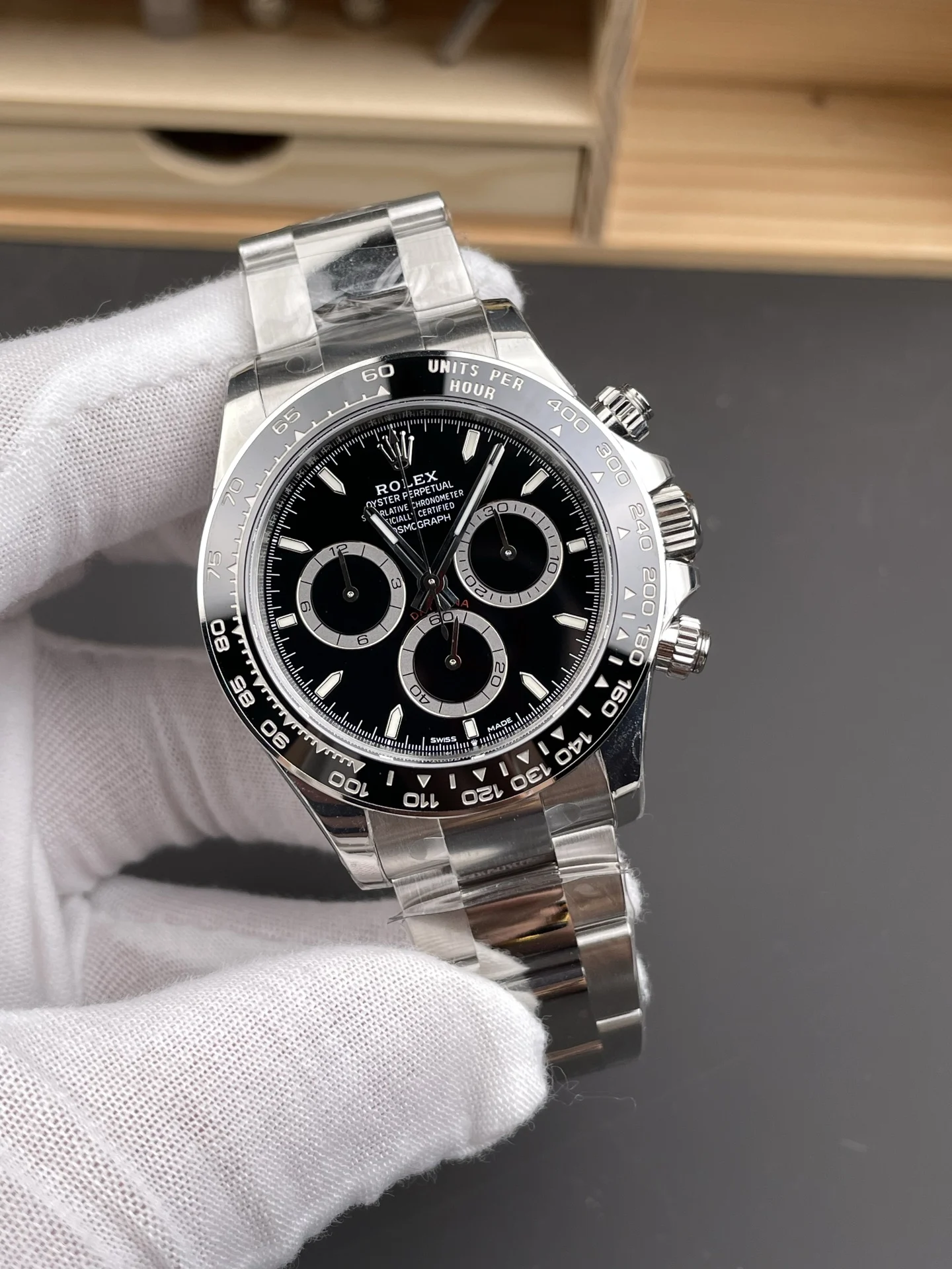 Rolex Daytona Ceramic Black Dial 40mm — photographed off the sweep