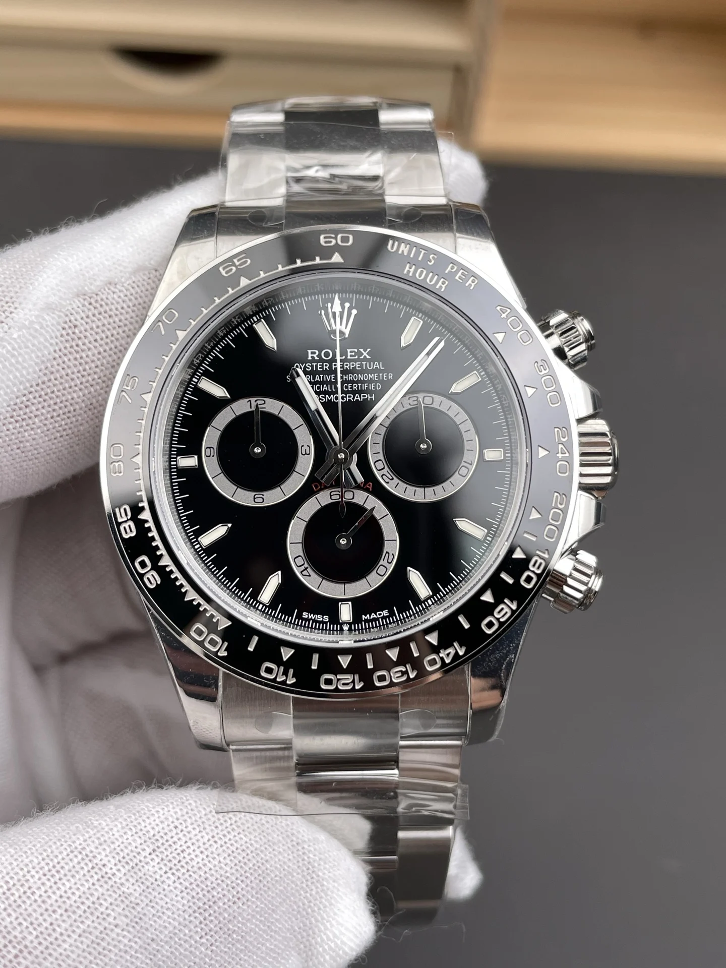 Rolex Daytona Ceramic Black Dial 40mm — photographed off the sweep