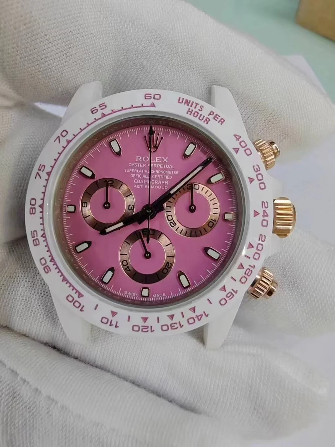 Rolex Daytona Ceramic Pink Dial — photographed off the sweep