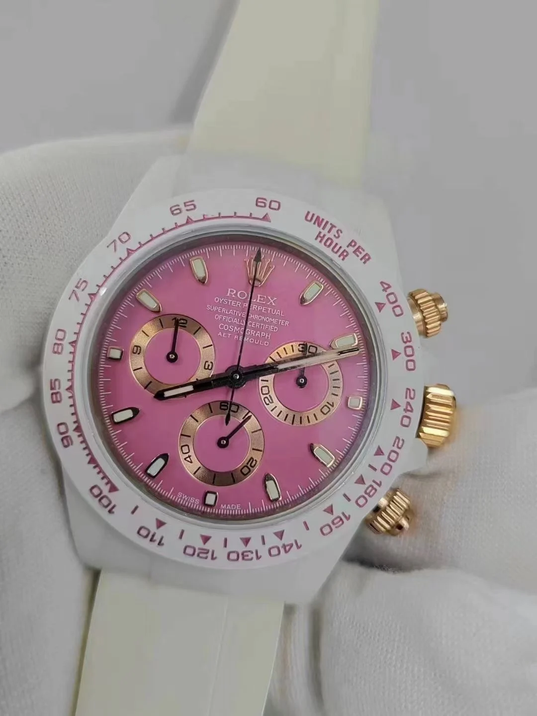 Rolex Daytona Ceramic Pink Dial — photographed off the sweep